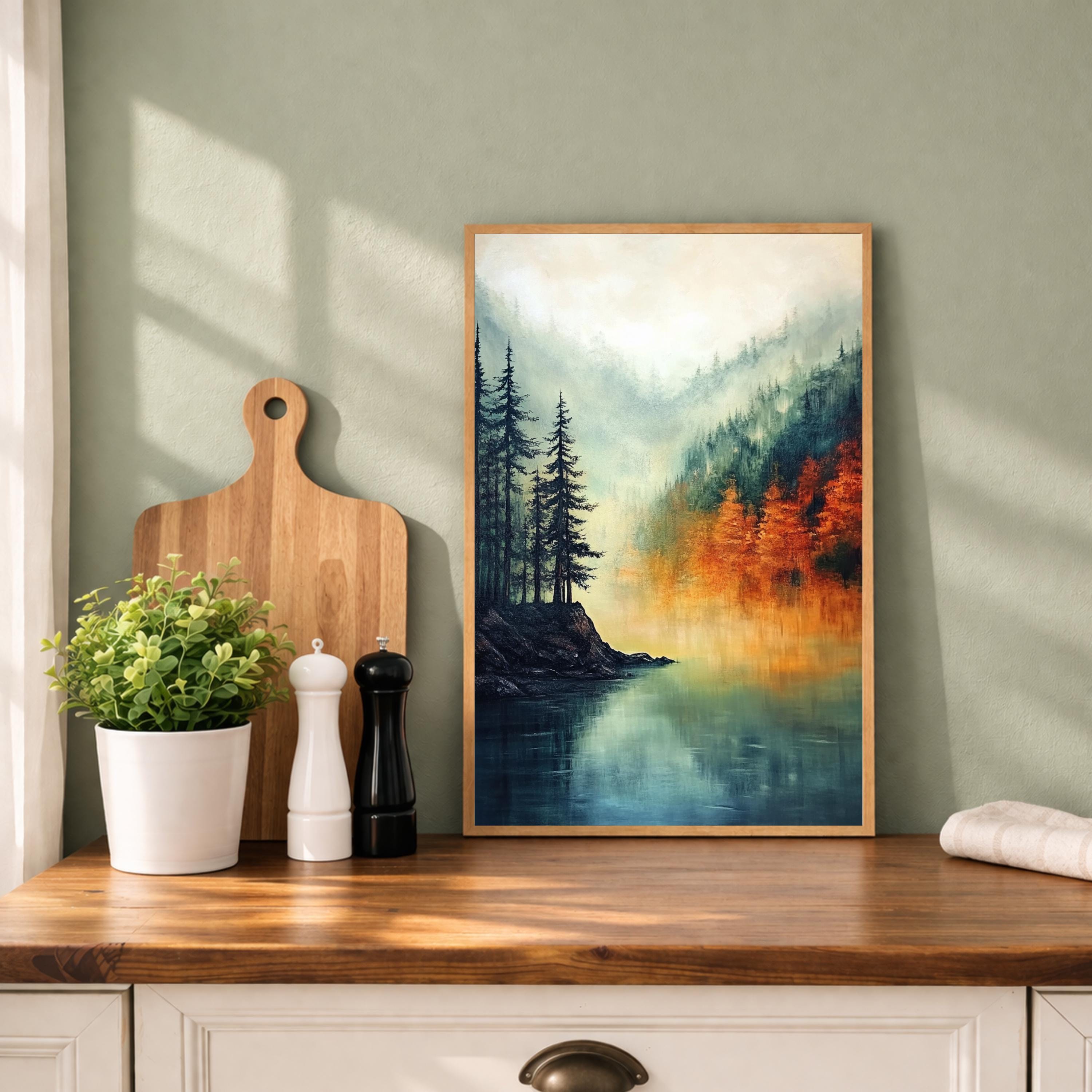 Lake Landscape Wall Art Print, Misty Forest Lake Decor, Autumn Reflection Wall Decor, Serene Nature Canvas Art, Calm Scenic Home Decor