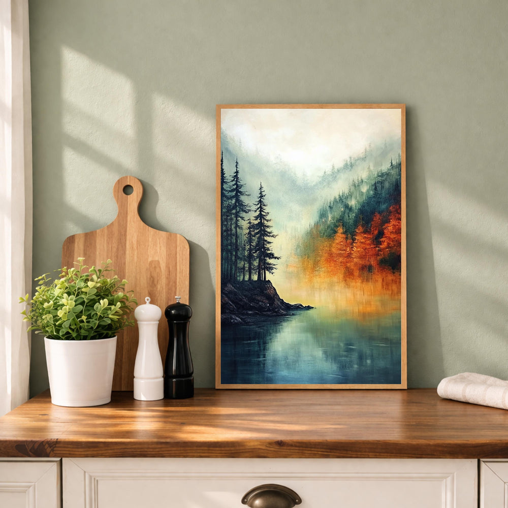 Lake Landscape Wall Art Print, Misty Forest Lake Decor, Autumn Reflection Wall Decor, Serene Nature Canvas Art, Calm Scenic Home Decor