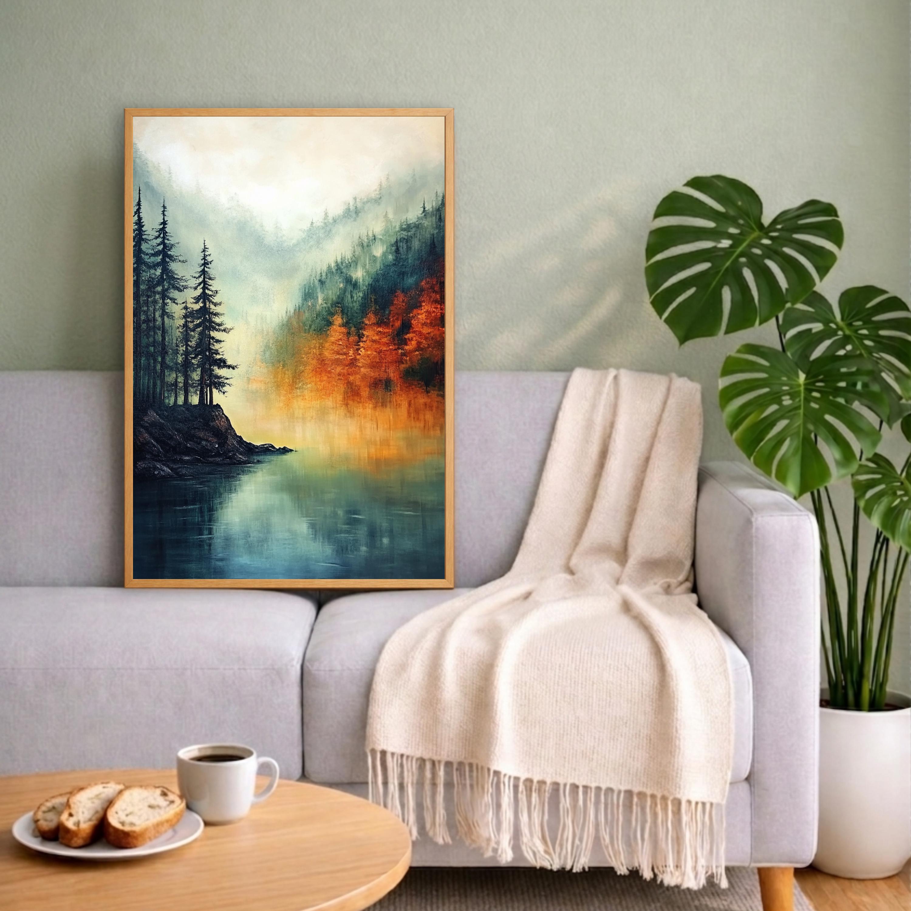 Lake Landscape Wall Art Print, Misty Forest Lake Decor, Autumn Reflection Wall Decor, Serene Nature Canvas Art, Calm Scenic Home Decor
