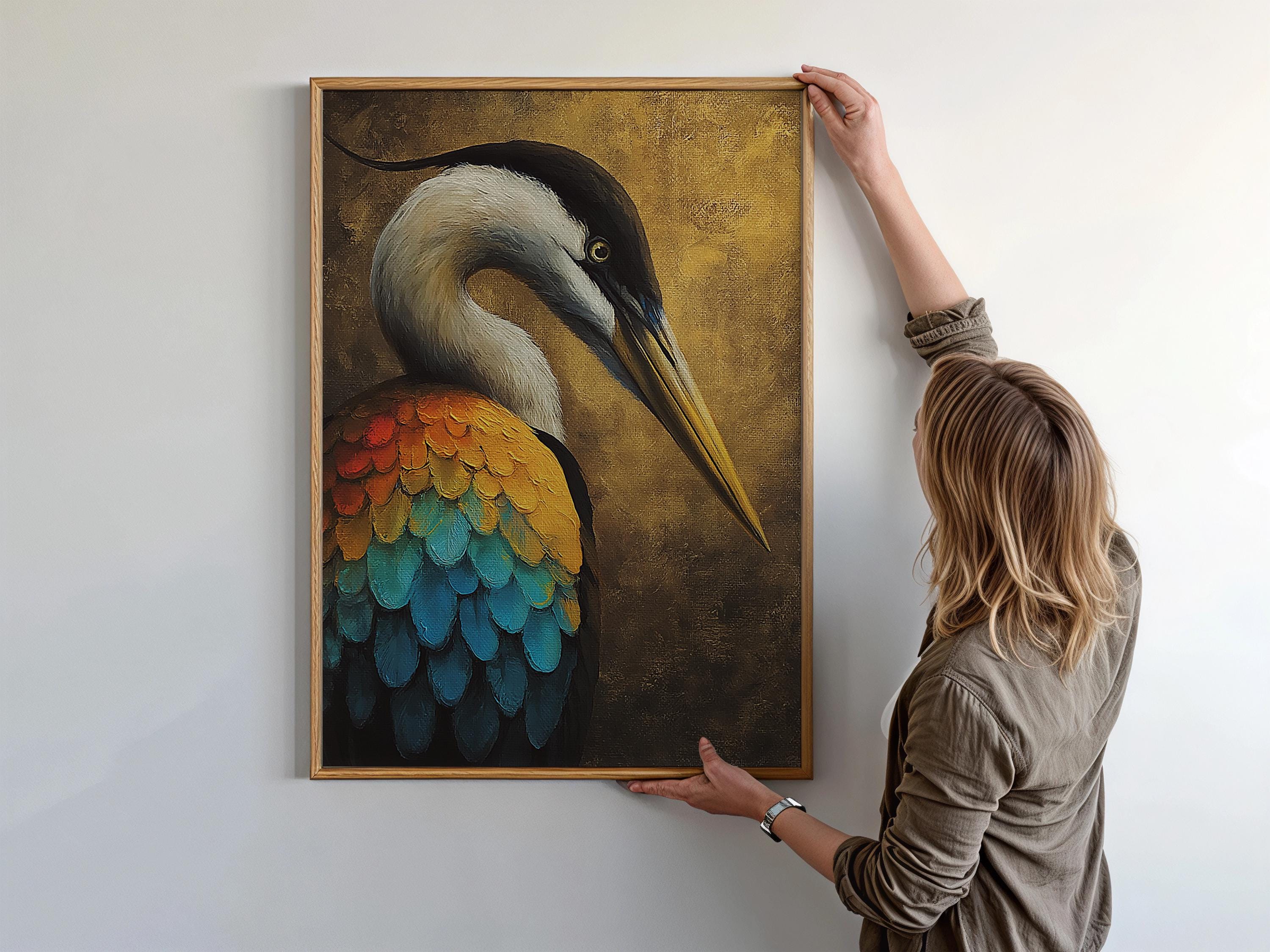 Vibrant Colors Heron Canvas Wall Art, Coastal Bird Decor, Heron Abstract Print