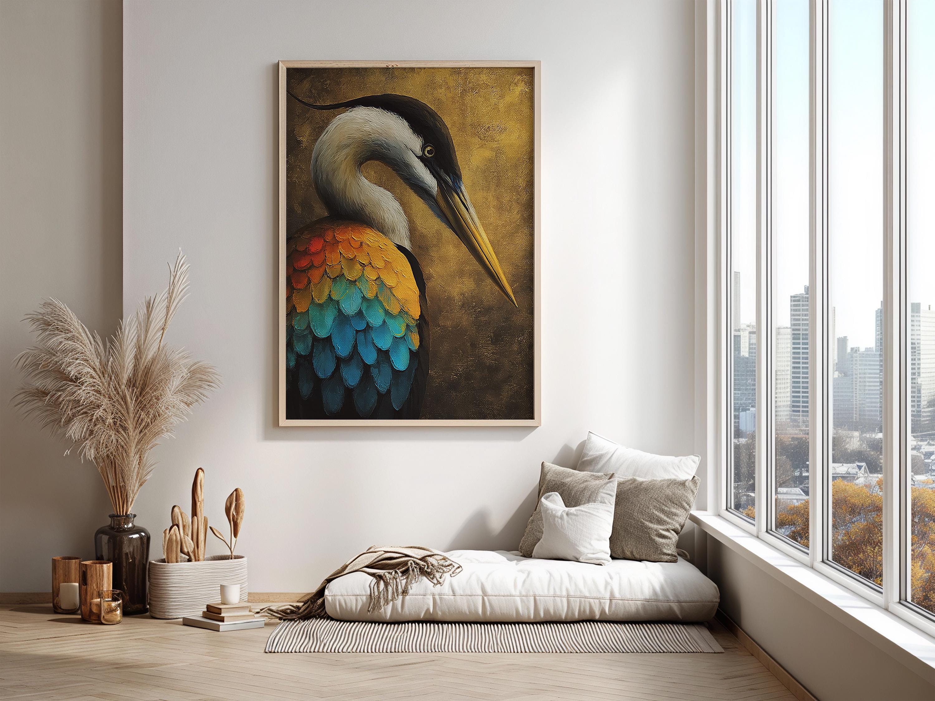 Vibrant Colors Heron Canvas Wall Art, Coastal Bird Decor, Heron Abstract Print