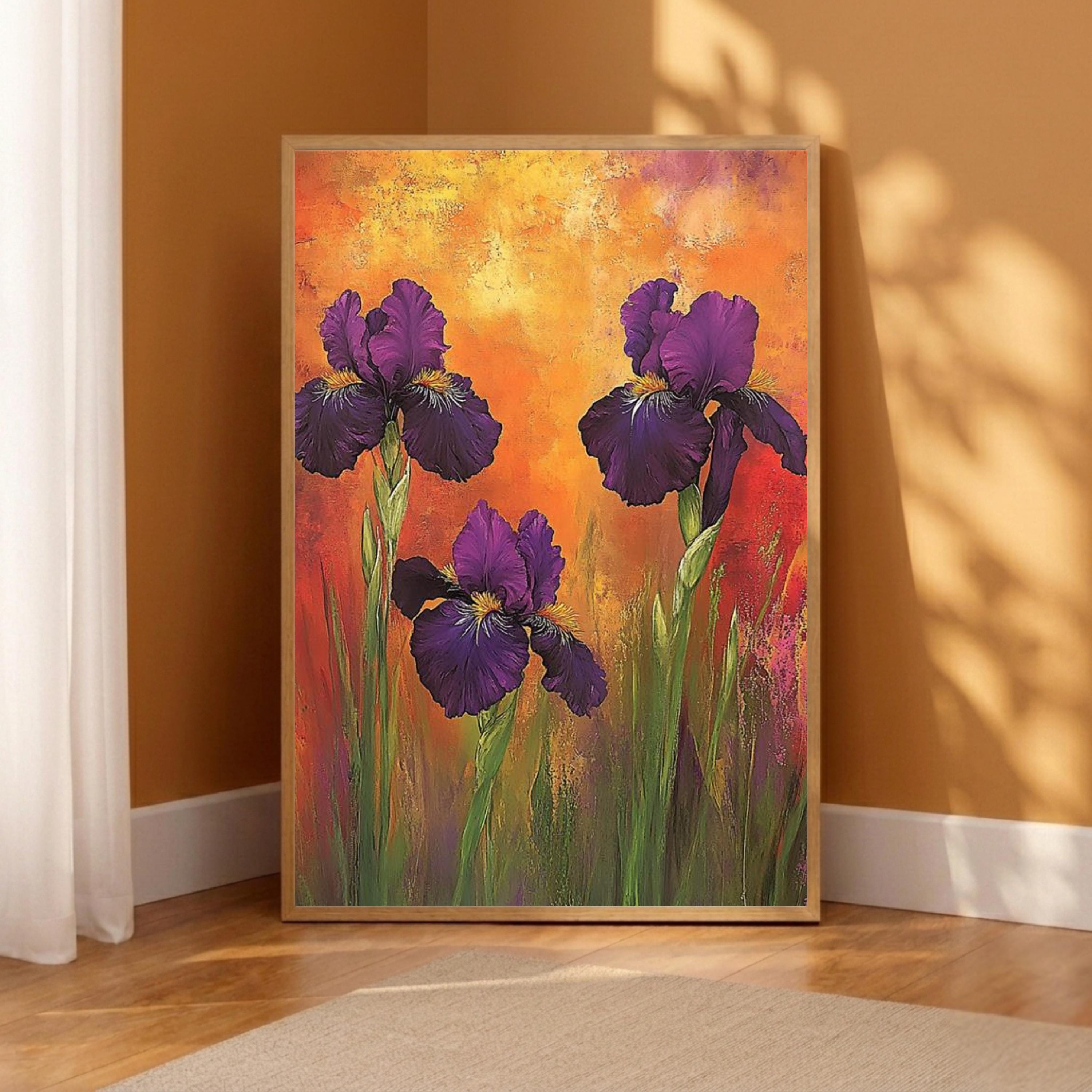 Purple Iris Wall Art Print, Bold Floral Botanical Decor, Vibrant Home Interior Canvas, Colorful Flower Wall Decor, Modern Botanical Artwork