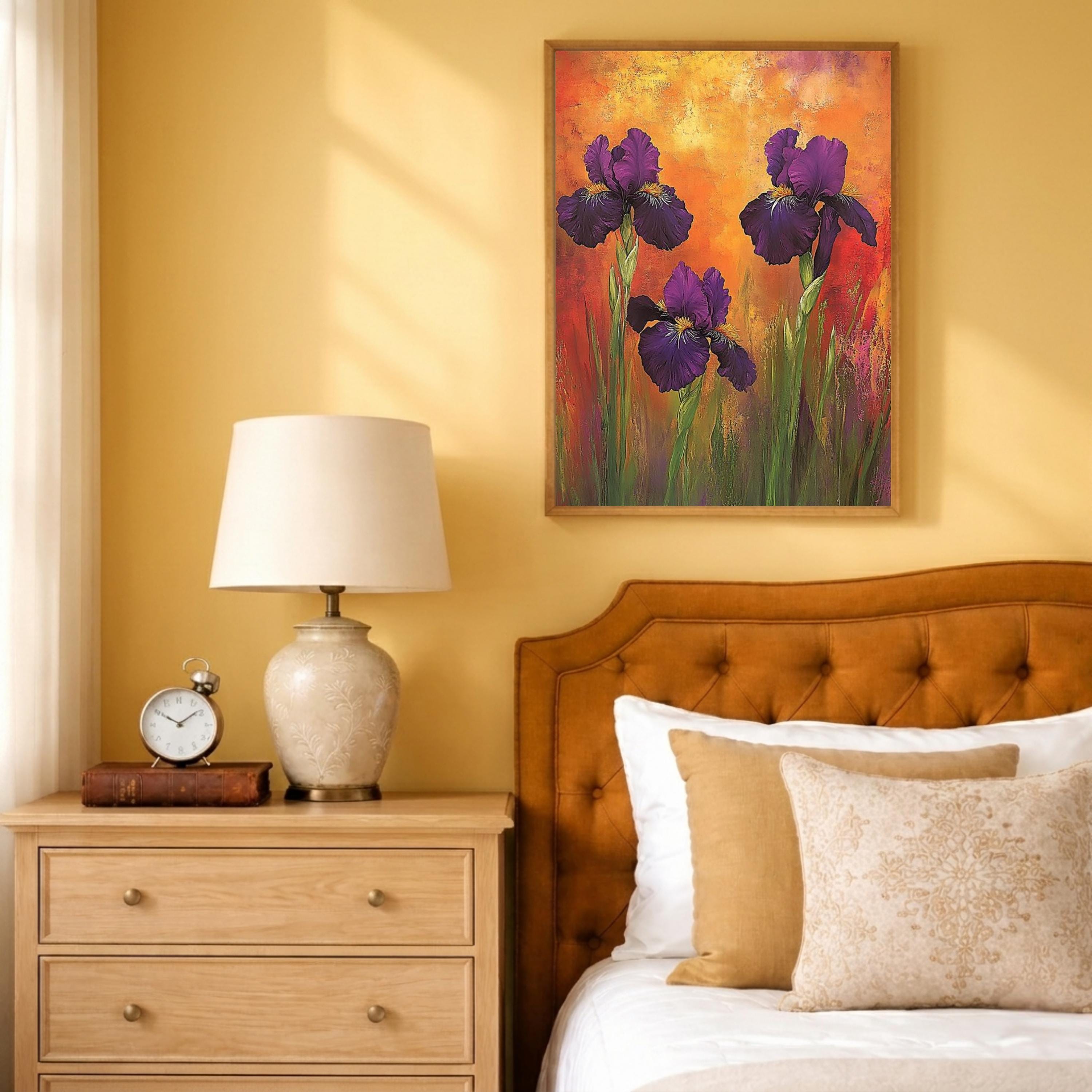 Purple Iris Wall Art Print, Bold Floral Botanical Decor, Vibrant Home Interior Canvas, Colorful Flower Wall Decor, Modern Botanical Artwork