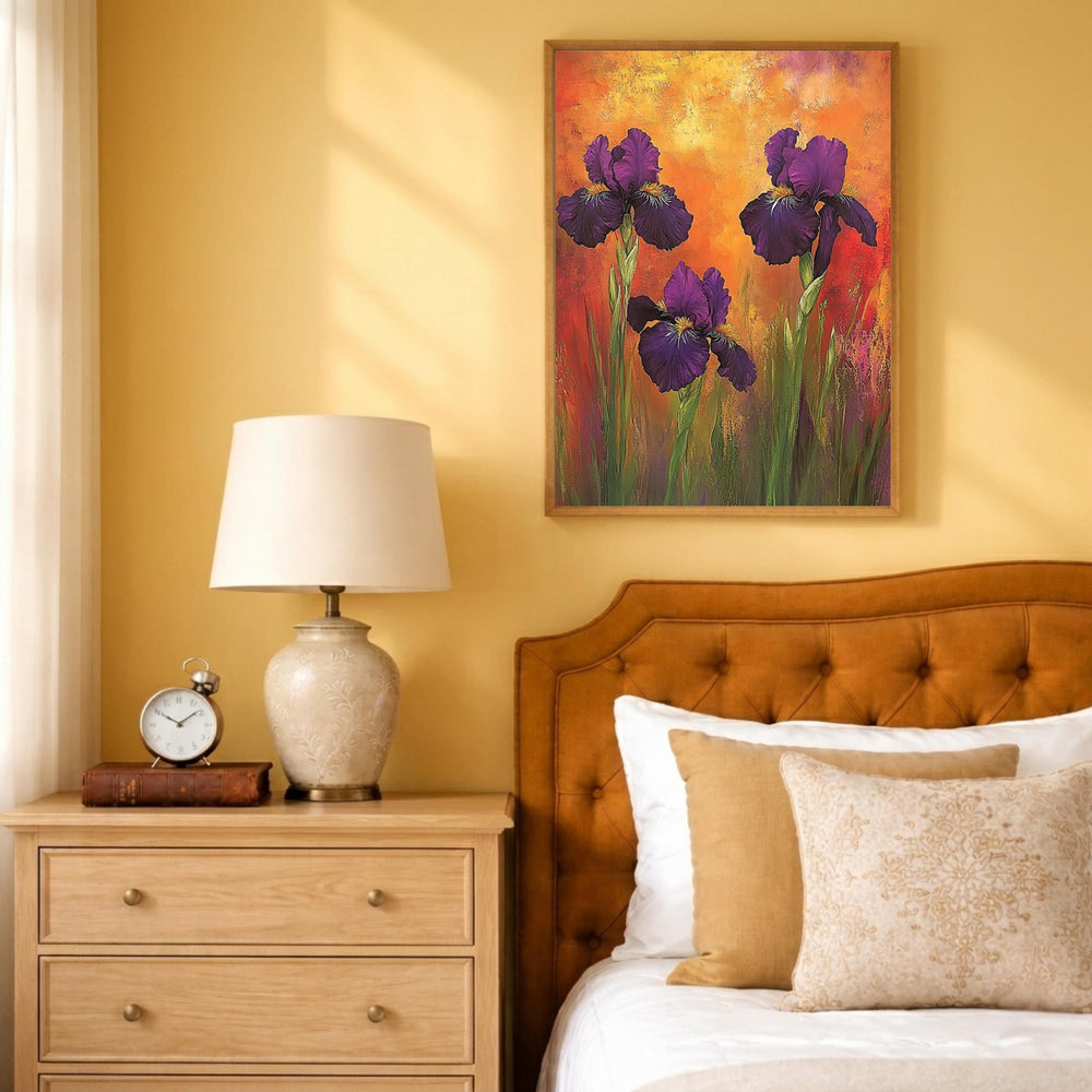 Purple Iris Wall Art Print, Bold Floral Botanical Decor, Vibrant Home Interior Canvas, Colorful Flower Wall Decor, Modern Botanical Artwork