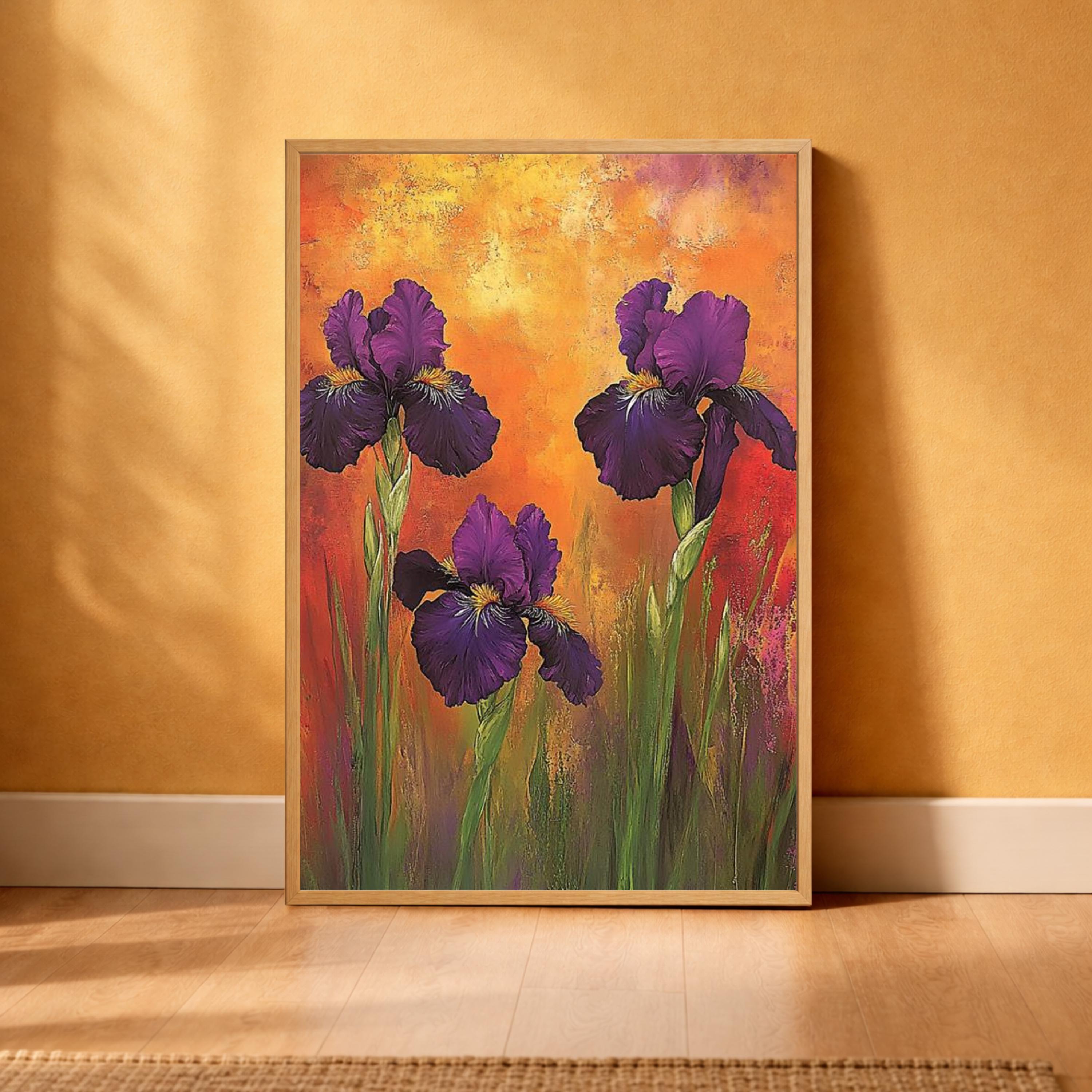Purple Iris Wall Art Print, Bold Floral Botanical Decor, Vibrant Home Interior Canvas, Colorful Flower Wall Decor, Modern Botanical Artwork