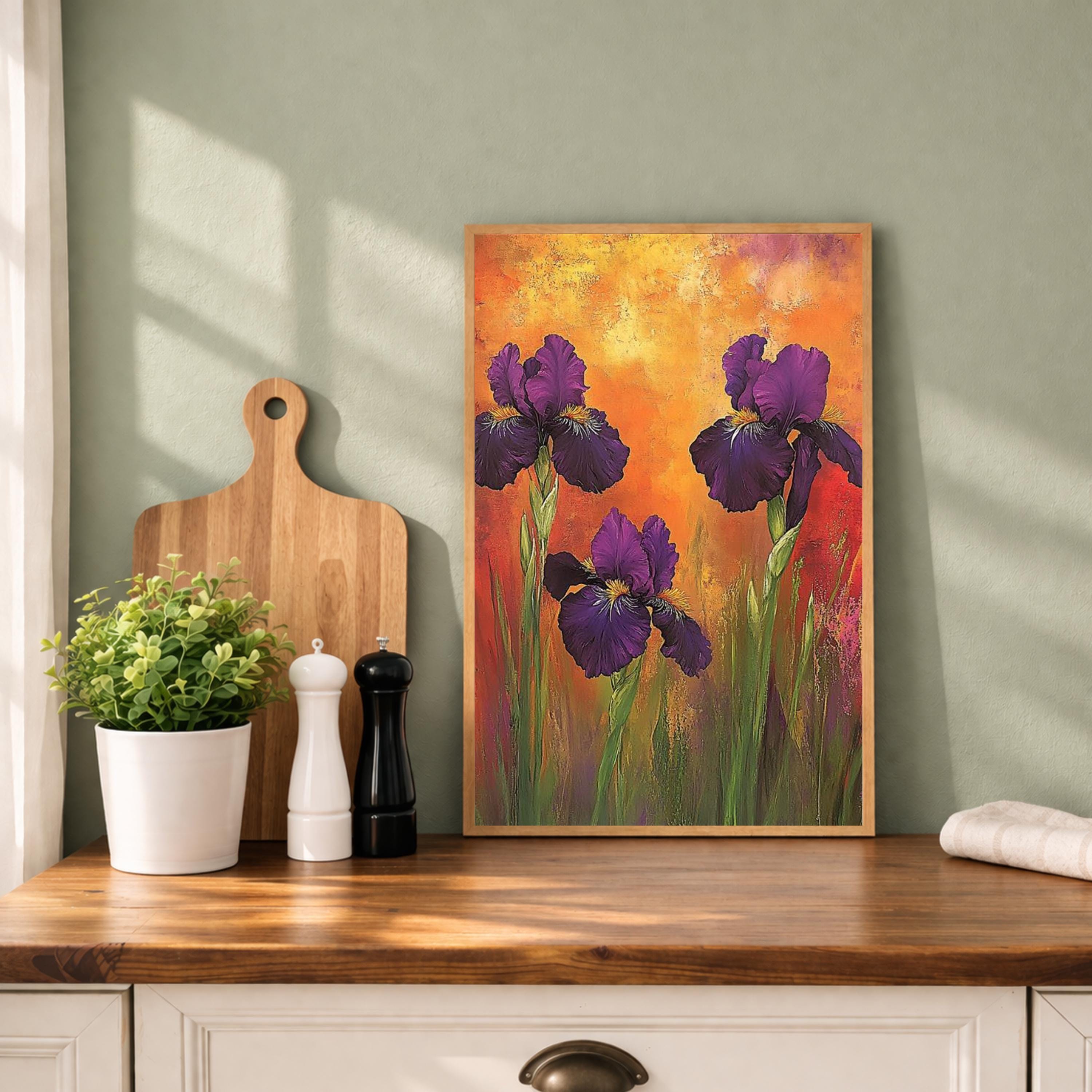 Purple Iris Wall Art Print, Bold Floral Botanical Decor, Vibrant Home Interior Canvas, Colorful Flower Wall Decor, Modern Botanical Artwork