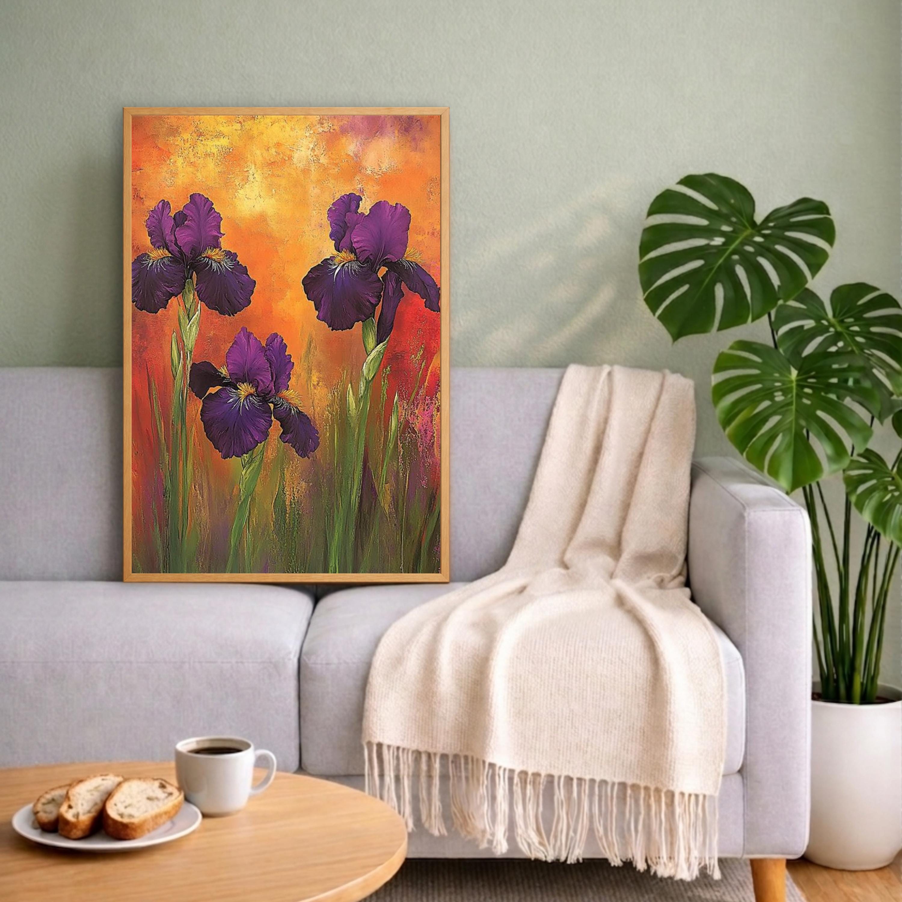 Purple Iris Wall Art Print, Bold Floral Botanical Decor, Vibrant Home Interior Canvas, Colorful Flower Wall Decor, Modern Botanical Artwork