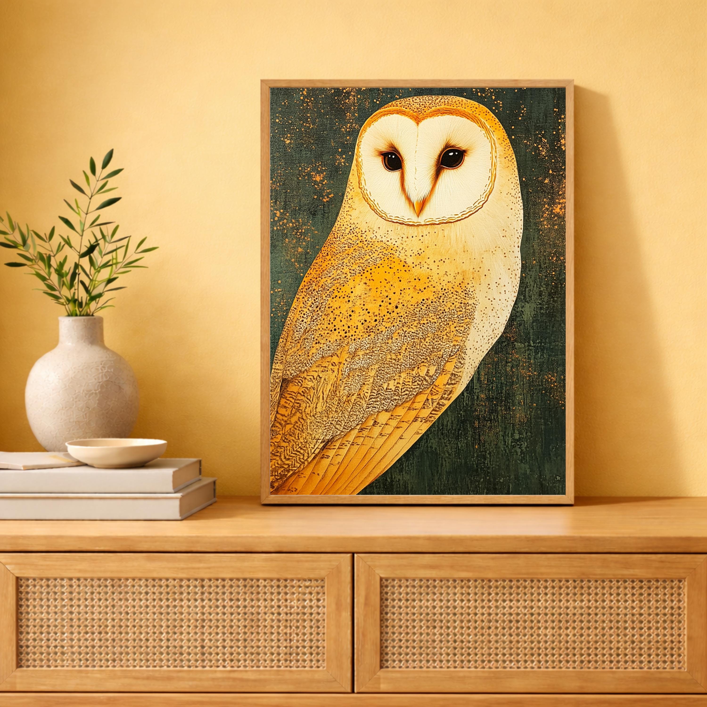 Golden Owl Wall Art, Vintage Owl Portrait Canvas, Rustic Wildlife Decor, Woodland Animal Artwork, Farmhouse Bird Print, Owl Lover Gift