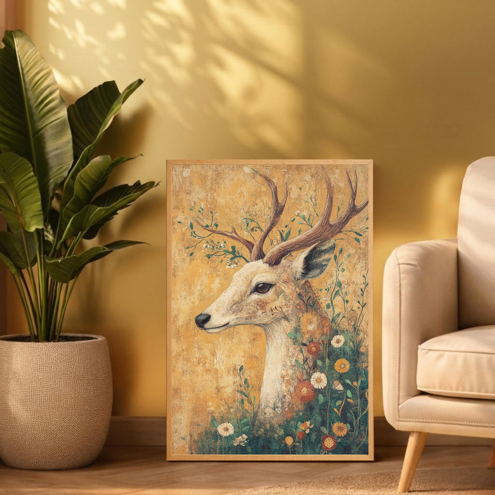 Vintage Deer Wall Art, Woodland Deer Print, Rustic Wildlife Decor, Farmhouse Animal Artwork, Botanical Stag Framed Canvas