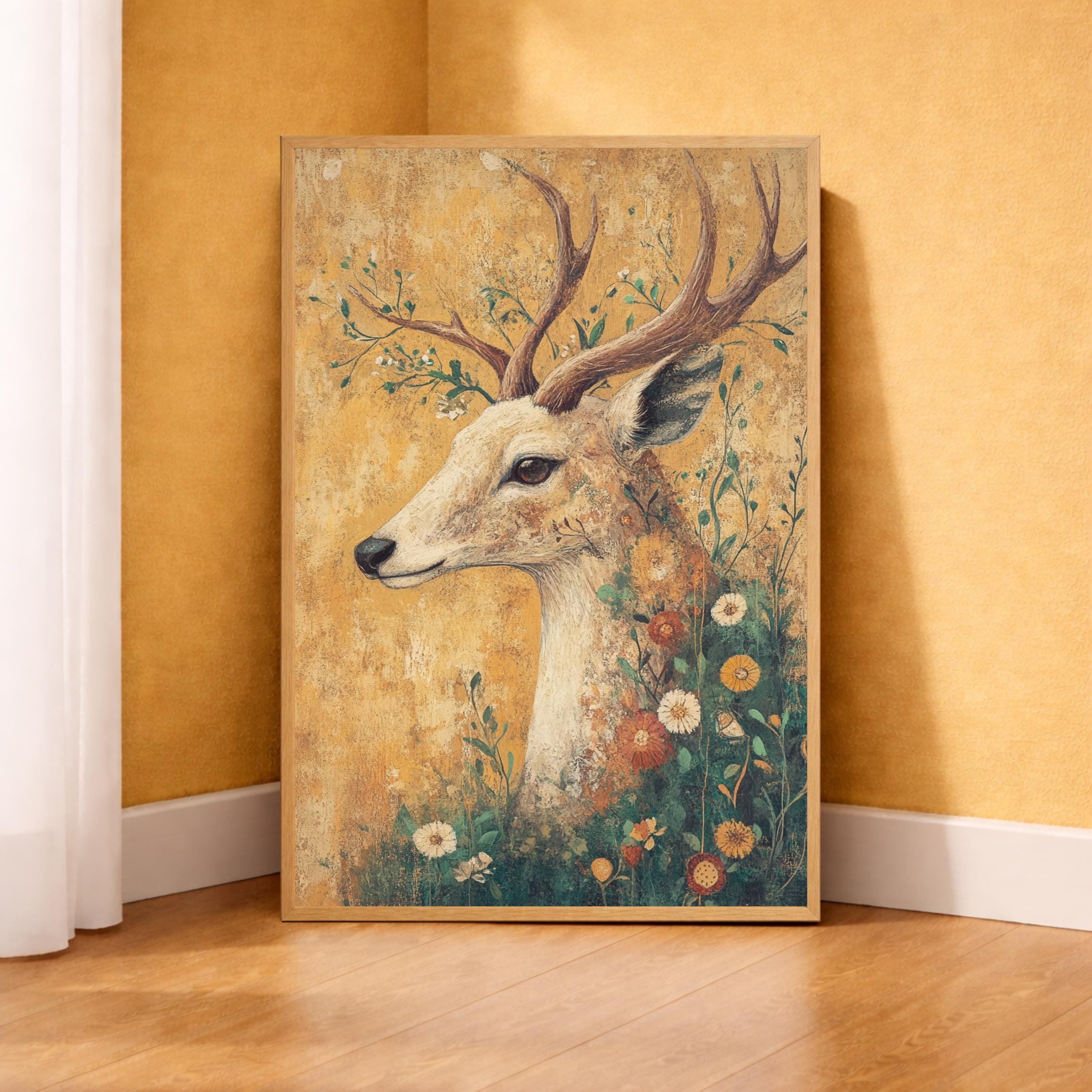 Vintage Deer Wall Art, Woodland Deer Print, Rustic Wildlife Decor, Farmhouse Animal Artwork, Botanical Stag Framed Canvas