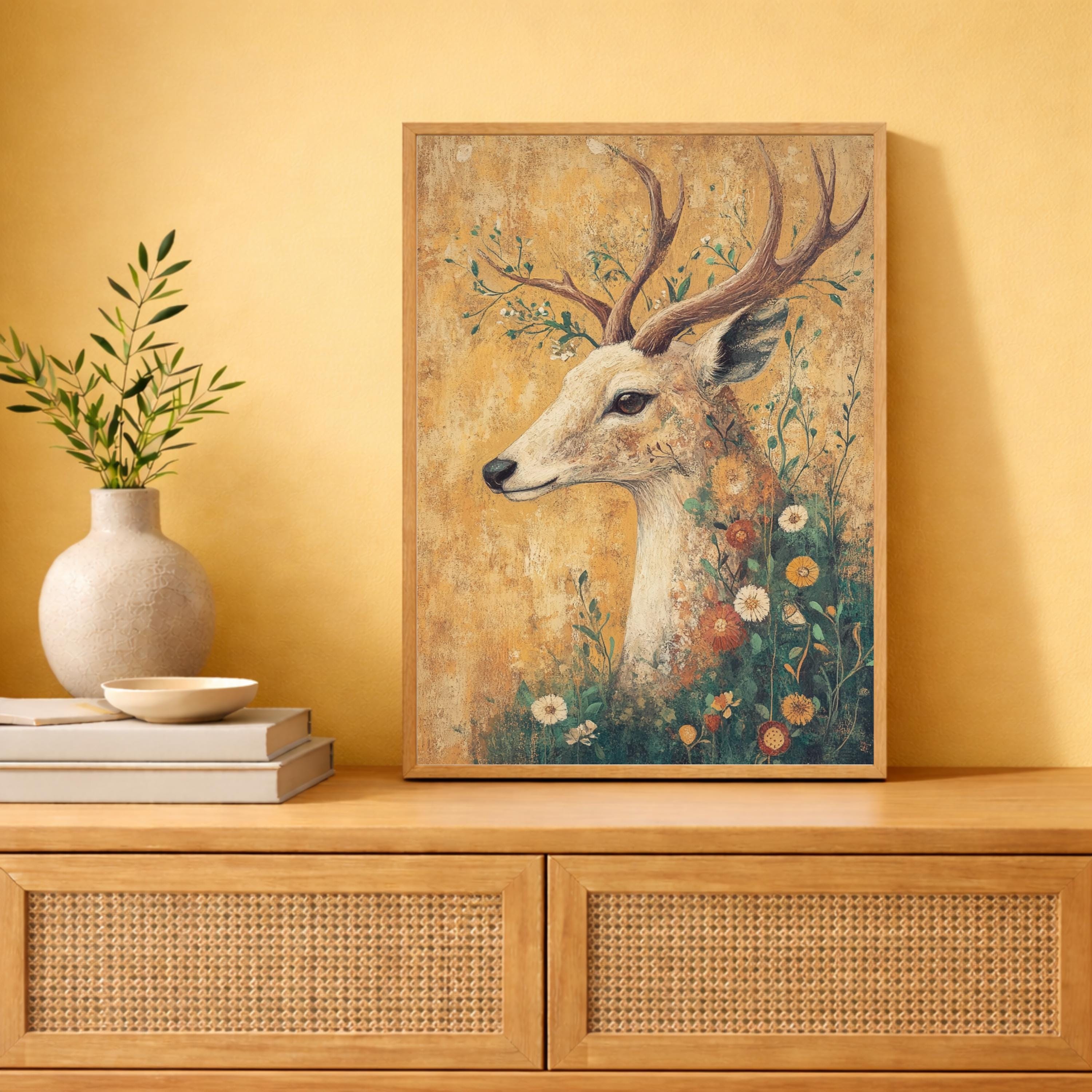 Vintage Deer Wall Art, Woodland Deer Print, Rustic Wildlife Decor, Farmhouse Animal Artwork, Botanical Stag Framed Canvas
