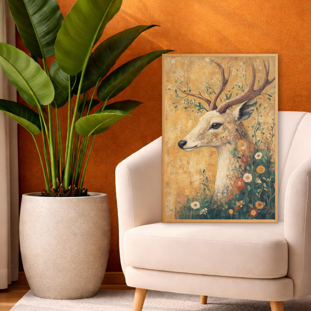 Vintage Deer Wall Art, Woodland Deer Print, Rustic Wildlife Decor, Farmhouse Animal Artwork, Botanical Stag Framed Canvas