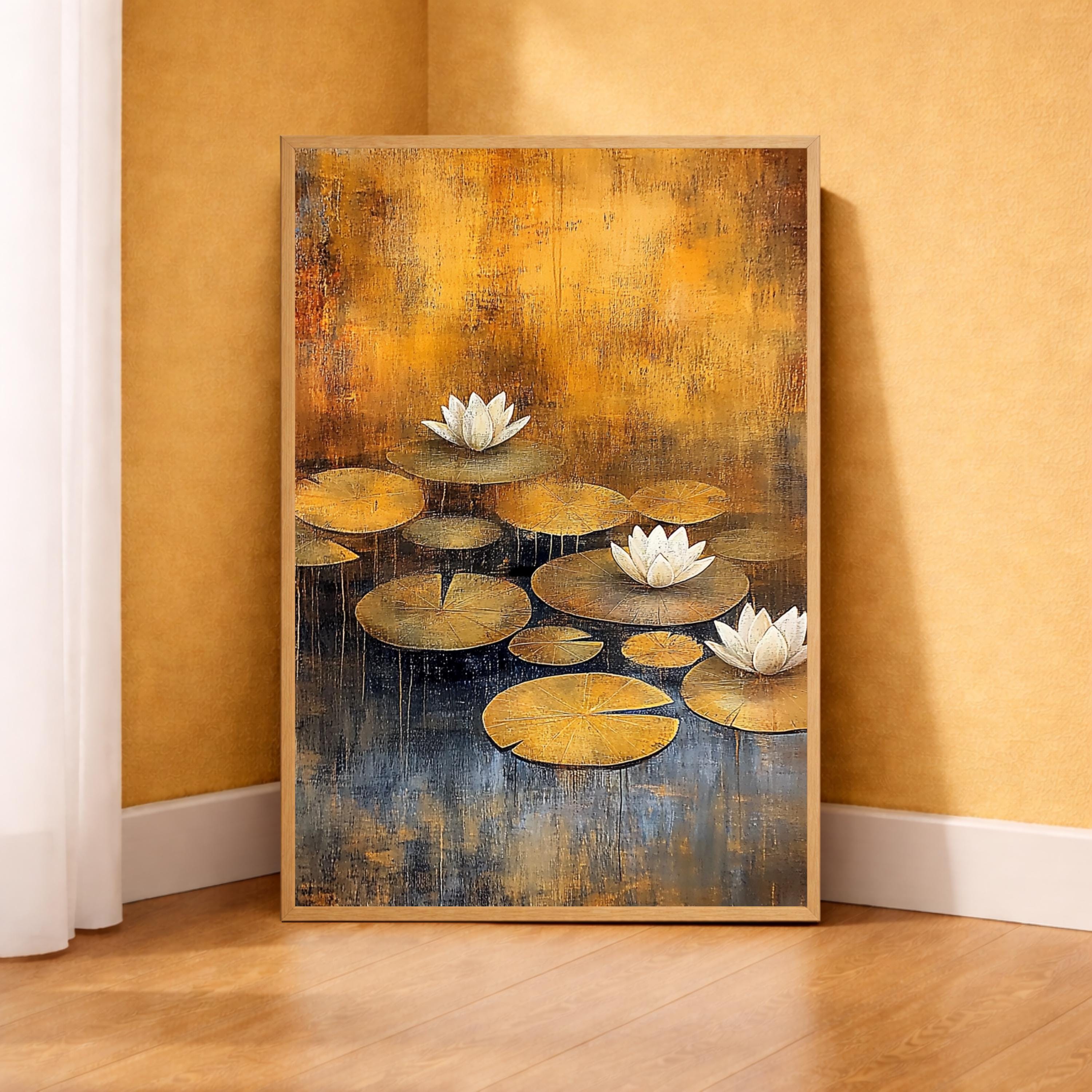 Lotus Flower Wall Art, Water Lily Print, Zen Botanical Decor, Golden Pond Artwork, Tranquil Nature Framed Canvas, Cottagecore Decor