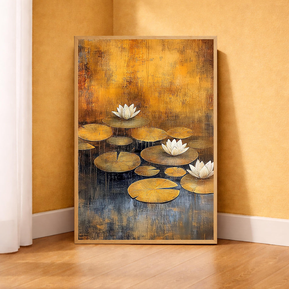 Lotus Flower Wall Art, Water Lily Print, Zen Botanical Decor, Golden Pond Artwork, Tranquil Nature Framed Canvas, Cottagecore Decor