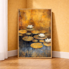 Lotus Flower Wall Art, Water Lily Print, Zen Botanical Decor, Golden Pond Artwork, Tranquil Nature Framed Canvas, Cottagecore Decor