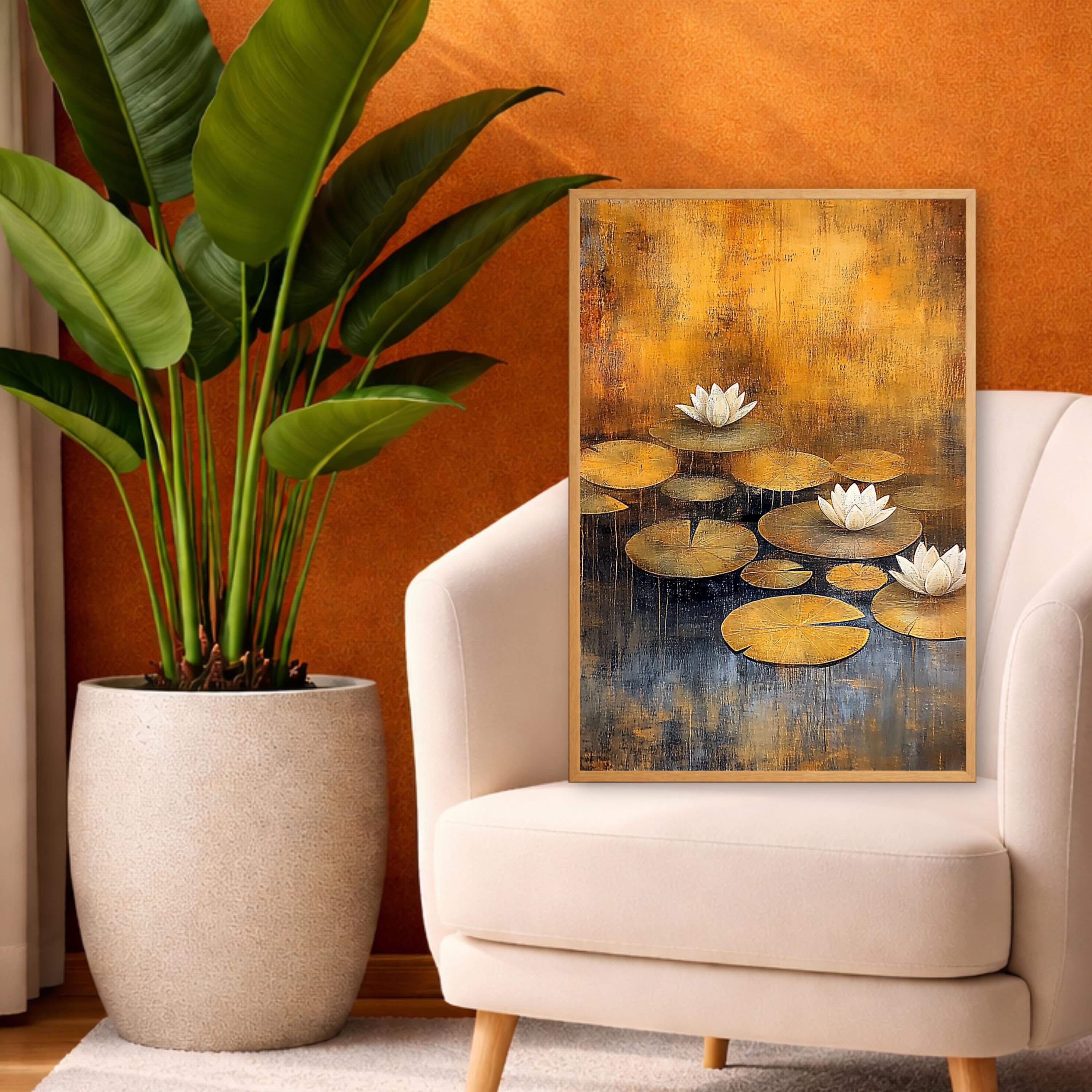 Lotus Flower Wall Art, Water Lily Print, Zen Botanical Decor, Golden Pond Artwork, Tranquil Nature Framed Canvas, Cottagecore Decor