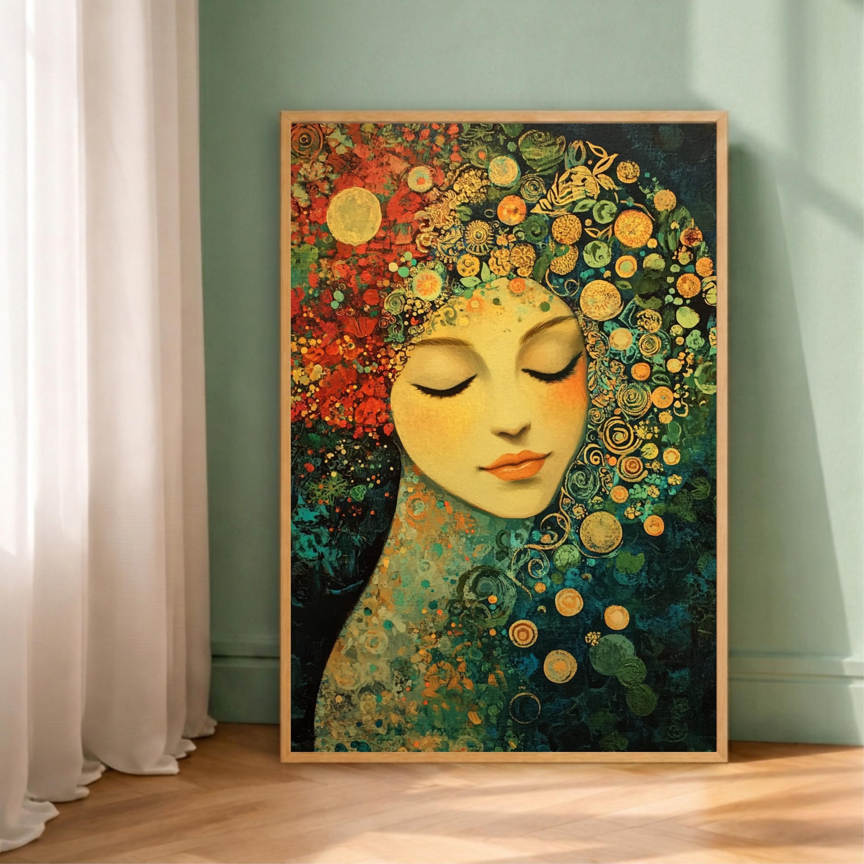 Floral Goddess Wall Art, Abstract Feminine Portrait Print, Vibrant Botanical Decor, Boho Woman Artwork, Artistic Framed Canvas