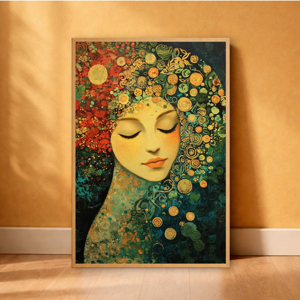 Floral Goddess Wall Art, Abstract Feminine Portrait Print, Vibrant Botanical Decor, Boho Woman Artwork, Artistic Framed Canvas
