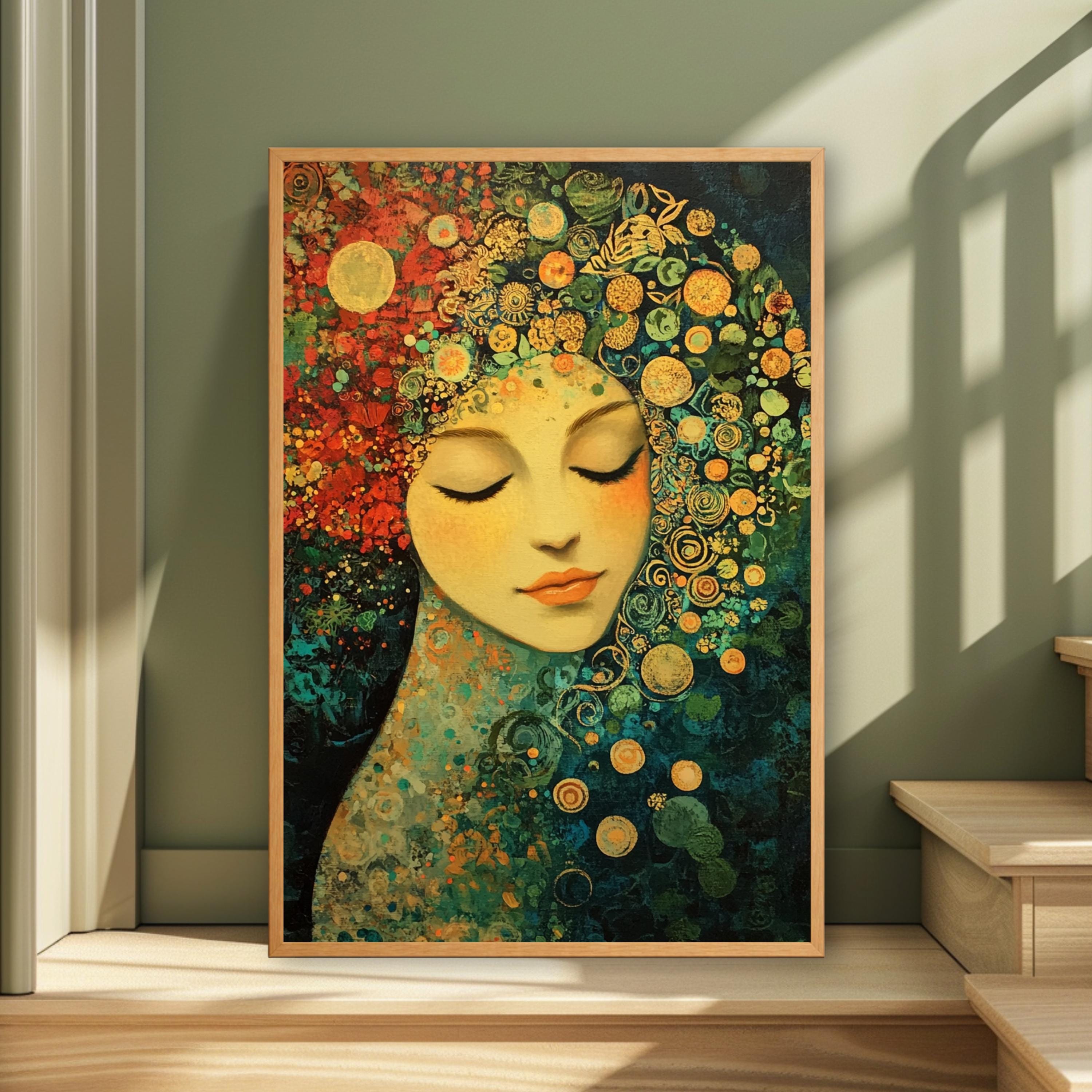 Floral Goddess Wall Art, Abstract Feminine Portrait Print, Vibrant Botanical Decor, Boho Woman Artwork, Artistic Framed Canvas