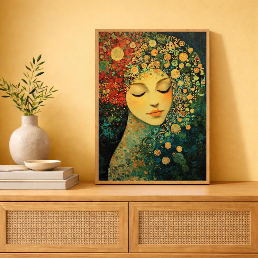 Floral Goddess Wall Art, Abstract Feminine Portrait Print, Vibrant Botanical Decor, Boho Woman Artwork, Artistic Framed Canvas