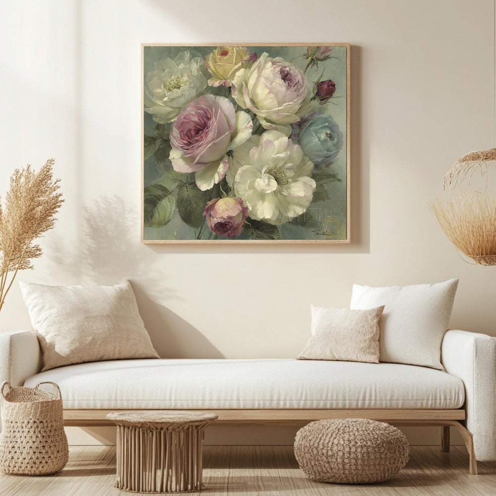 Blush Rose Bouquet Wall Art, Vintage Floral Canvas Print, Cottagecore Flower Decor, Soft Pastel Garden Artwork, French Country Home Accent