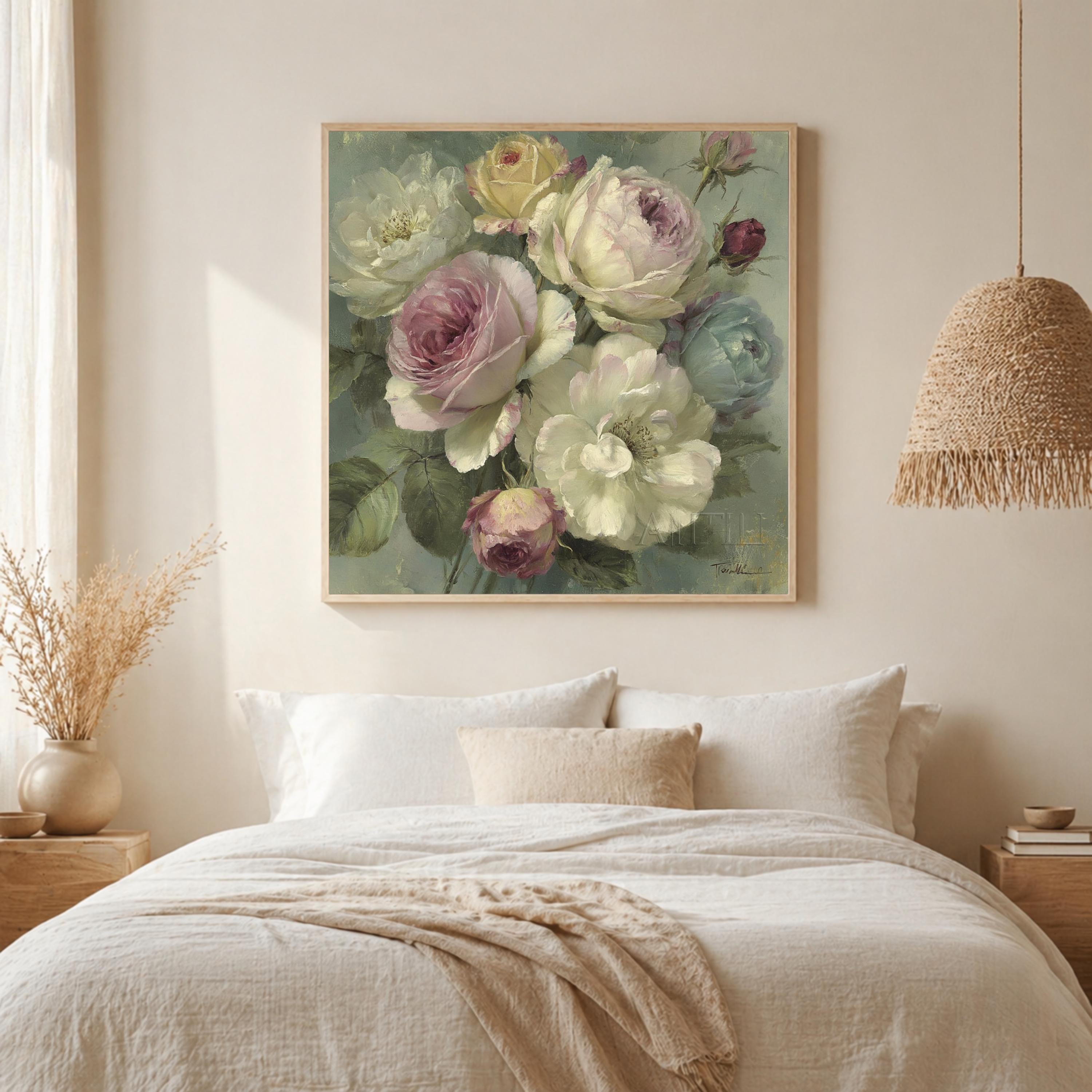 Blush Rose Bouquet Wall Art, Vintage Floral Canvas Print, Cottagecore Flower Decor, Soft Pastel Garden Artwork, French Country Home Accent