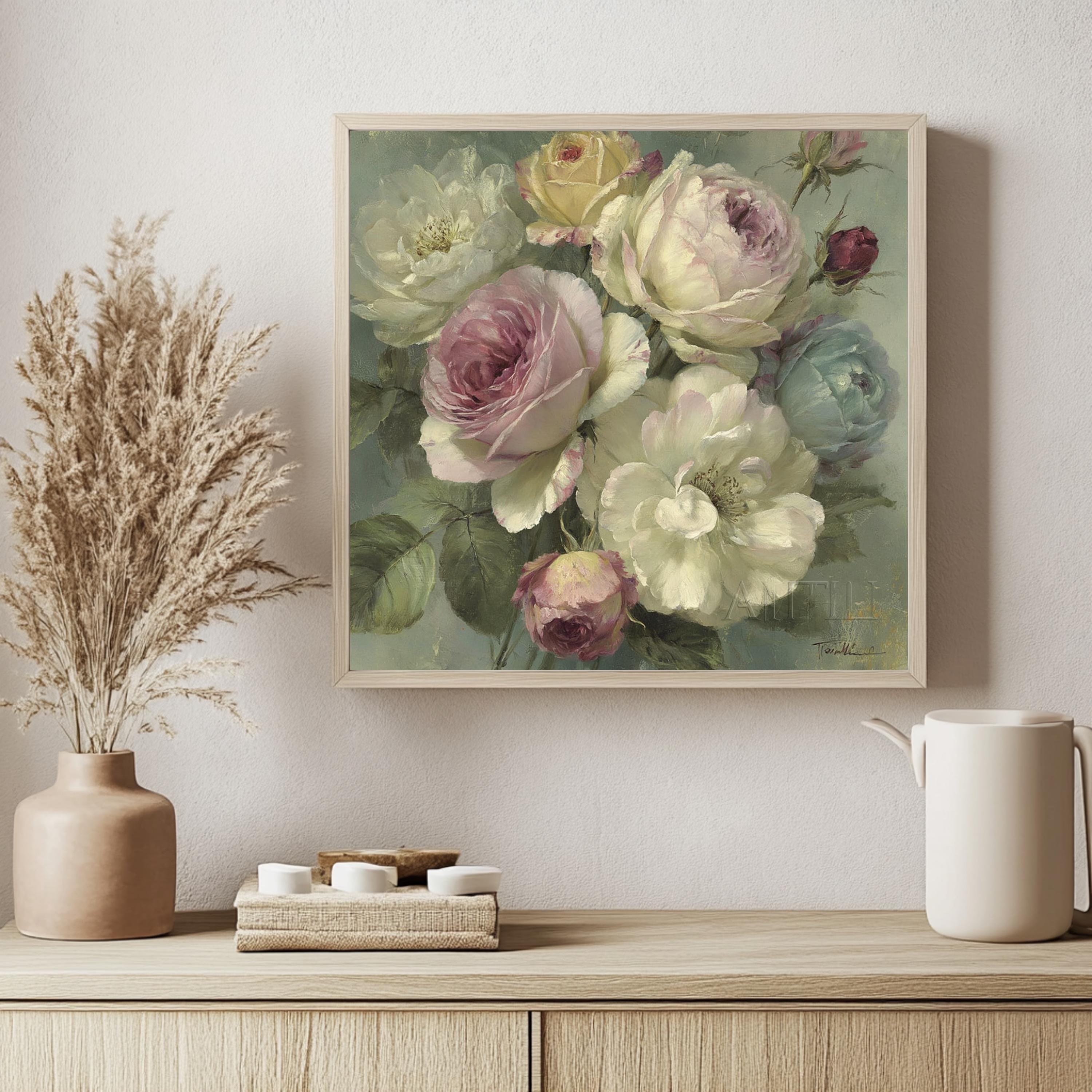 Blush Rose Bouquet Wall Art, Vintage Floral Canvas Print, Cottagecore Flower Decor, Soft Pastel Garden Artwork, French Country Home Accent