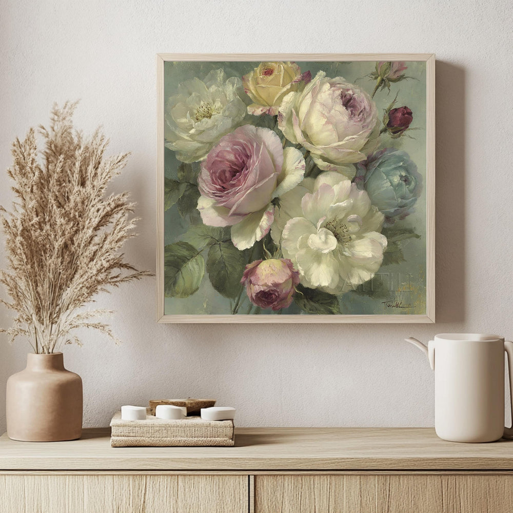 Blush Rose Bouquet Wall Art, Vintage Floral Canvas Print, Cottagecore Flower Decor, Soft Pastel Garden Artwork, French Country Home Accent