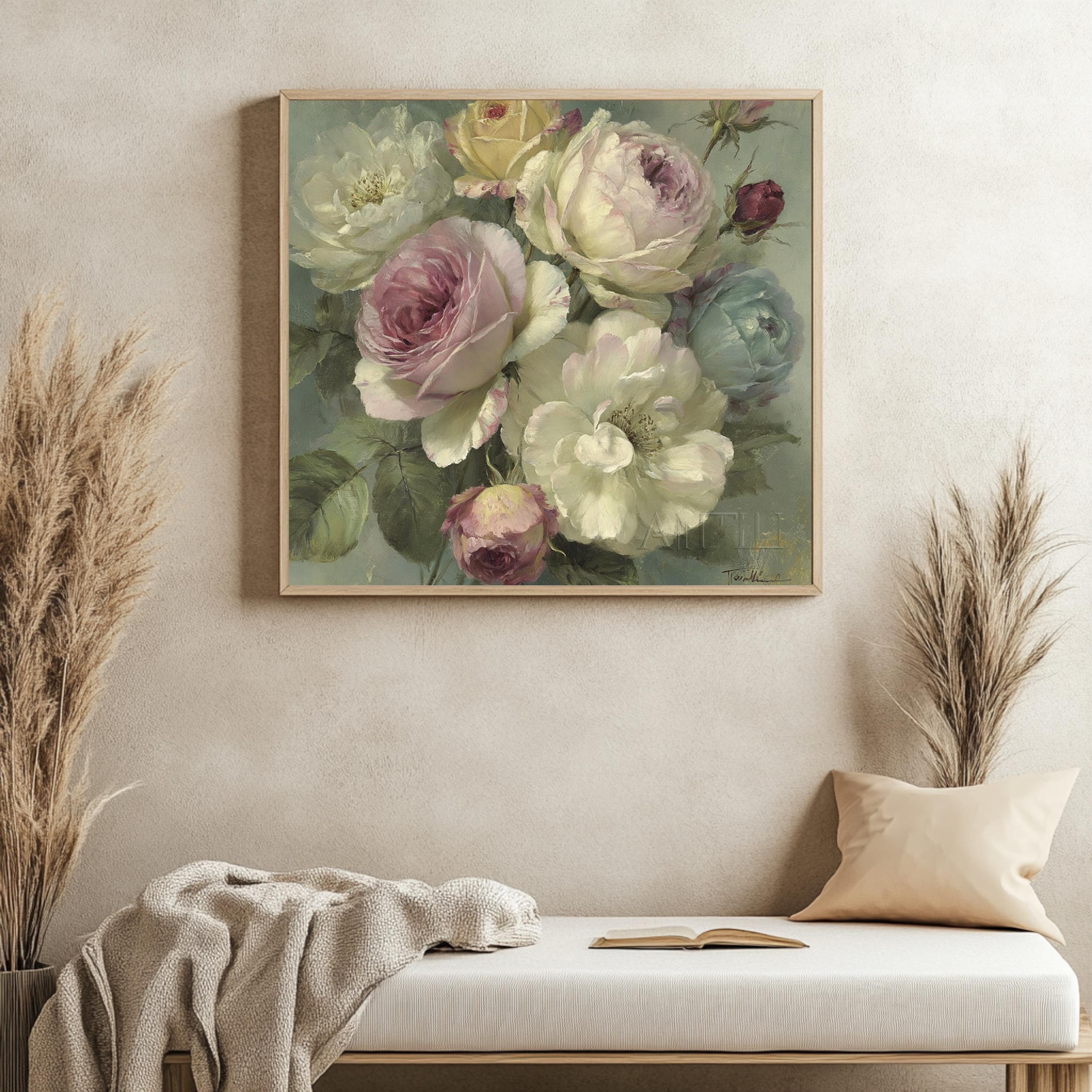 Blush Rose Bouquet Wall Art, Vintage Floral Canvas Print, Cottagecore Flower Decor, Soft Pastel Garden Artwork, French Country Home Accent