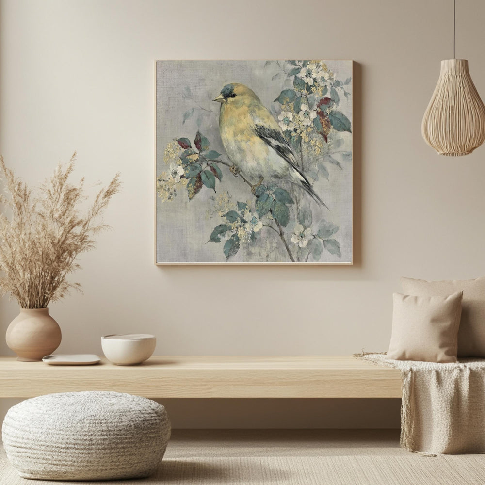 Yellow Finch Wall Art, Vintage Bird Print, Cottagecore Nature Framed Canvas, Botanical Bird Artwork, Rustic Farmhouse Home Decor