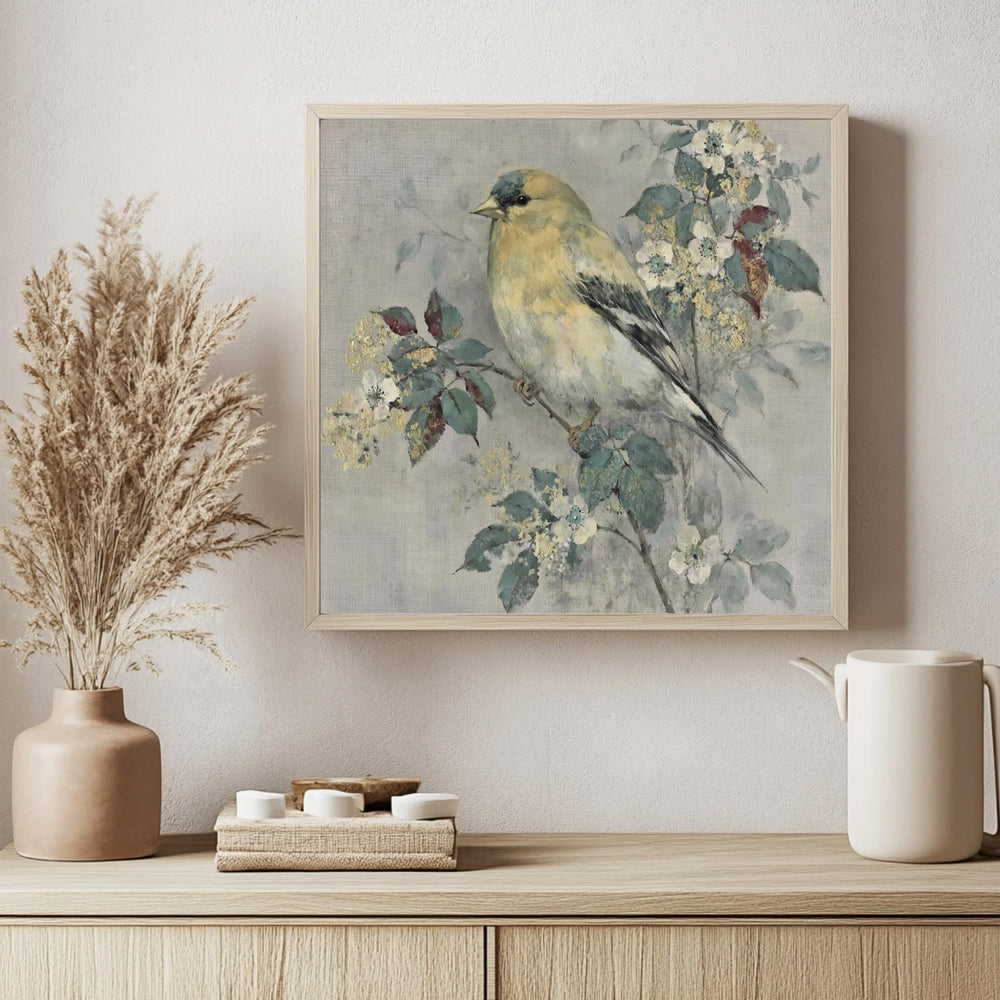 Yellow Finch Wall Art, Vintage Bird Print, Cottagecore Nature Framed Canvas, Botanical Bird Artwork, Rustic Farmhouse Home Decor