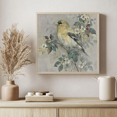 Yellow Finch Wall Art, Vintage Bird Print, Cottagecore Nature Framed Canvas, Botanical Bird Artwork, Rustic Farmhouse Home Decor