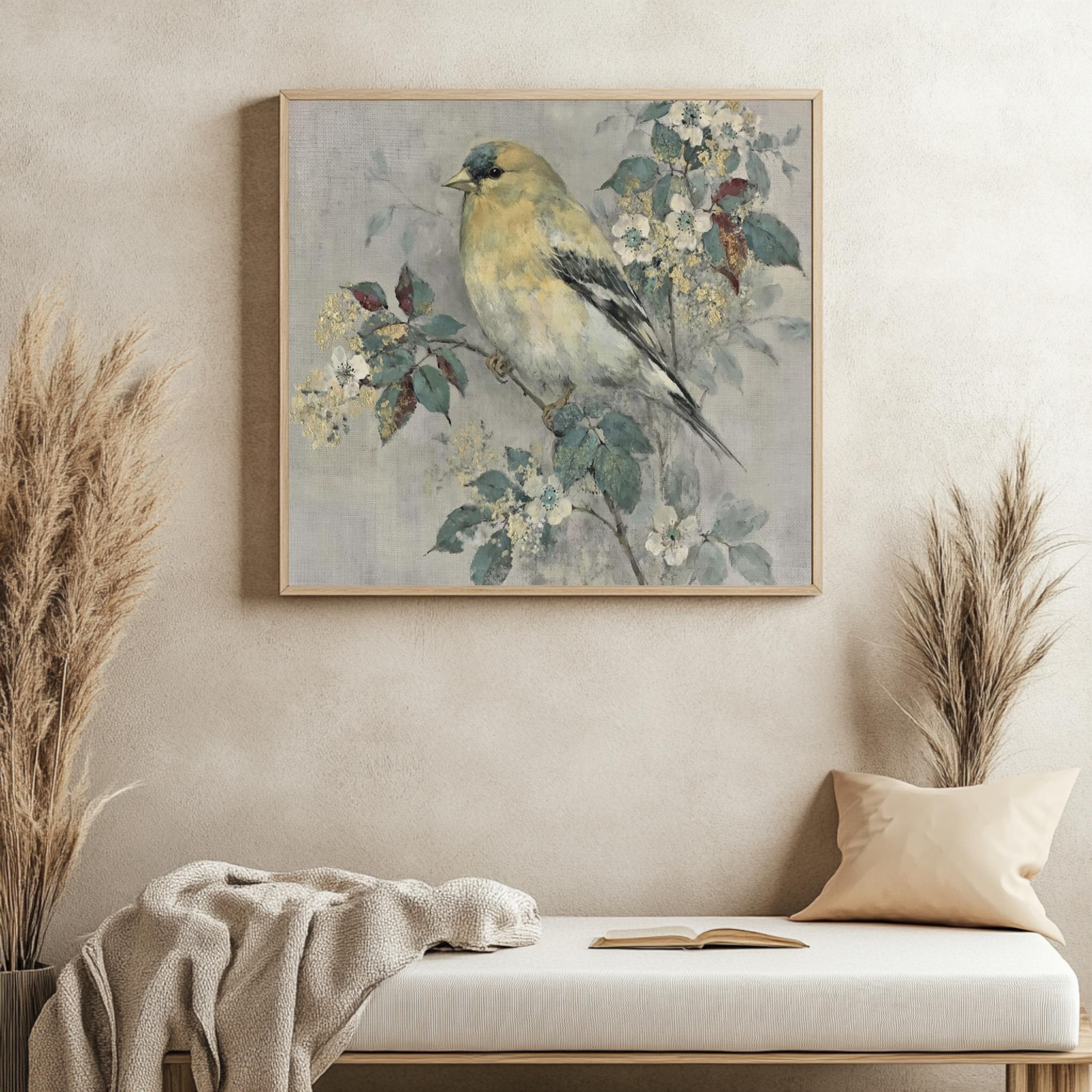 Yellow Finch Wall Art, Vintage Bird Print, Cottagecore Nature Framed Canvas, Botanical Bird Artwork, Rustic Farmhouse Home Decor