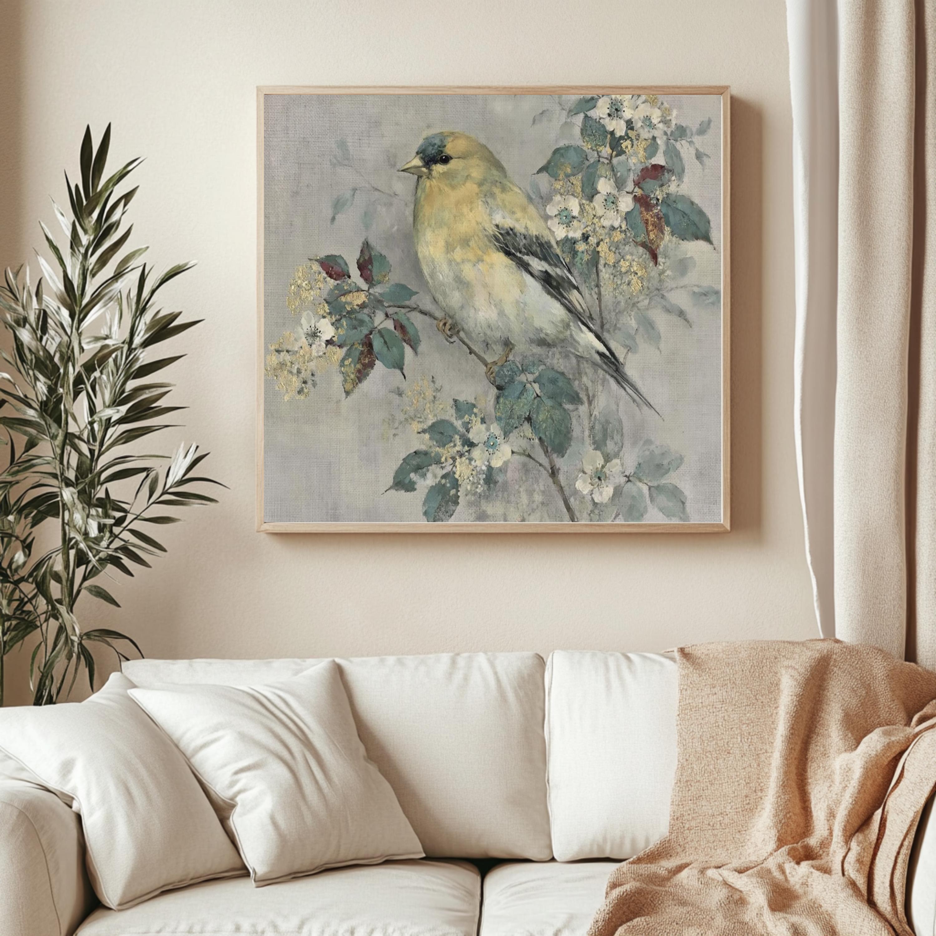 Yellow Finch Wall Art, Vintage Bird Print, Cottagecore Nature Framed Canvas, Botanical Bird Artwork, Rustic Farmhouse Home Decor