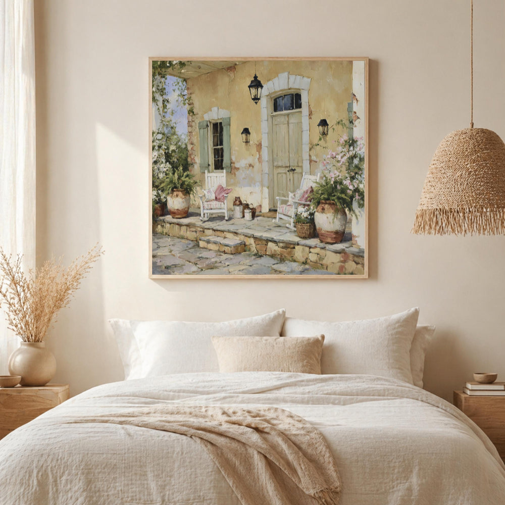 French Country Porch Wall Art, Rustic Cottage Print, Farmhouse Patio Decor, Vintage Home Exterior Canvas, Cozy Cottage Artwork