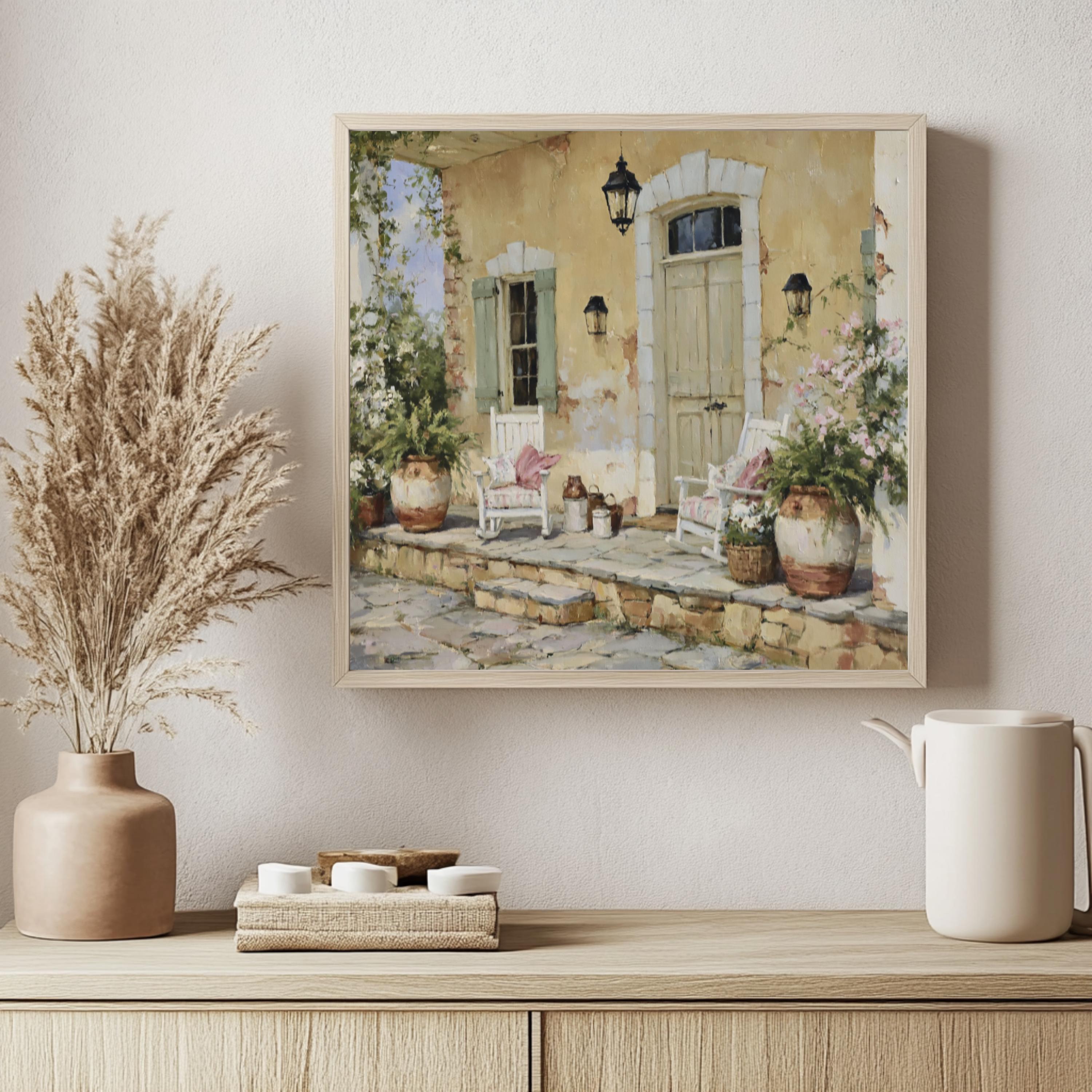 French Country Porch Wall Art, Rustic Cottage Print, Farmhouse Patio Decor, Vintage Home Exterior Canvas, Cozy Cottage Artwork