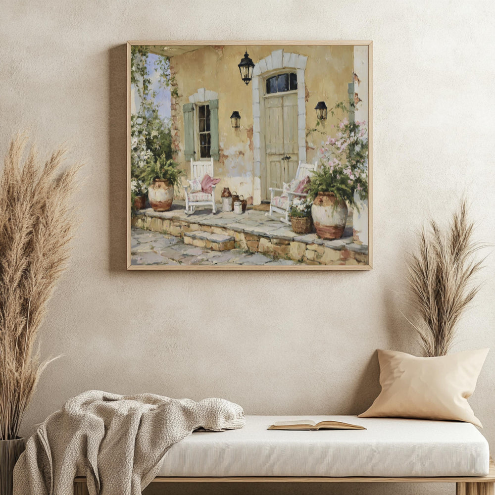 French Country Porch Wall Art, Rustic Cottage Print, Farmhouse Patio Decor, Vintage Home Exterior Canvas, Cozy Cottage Artwork
