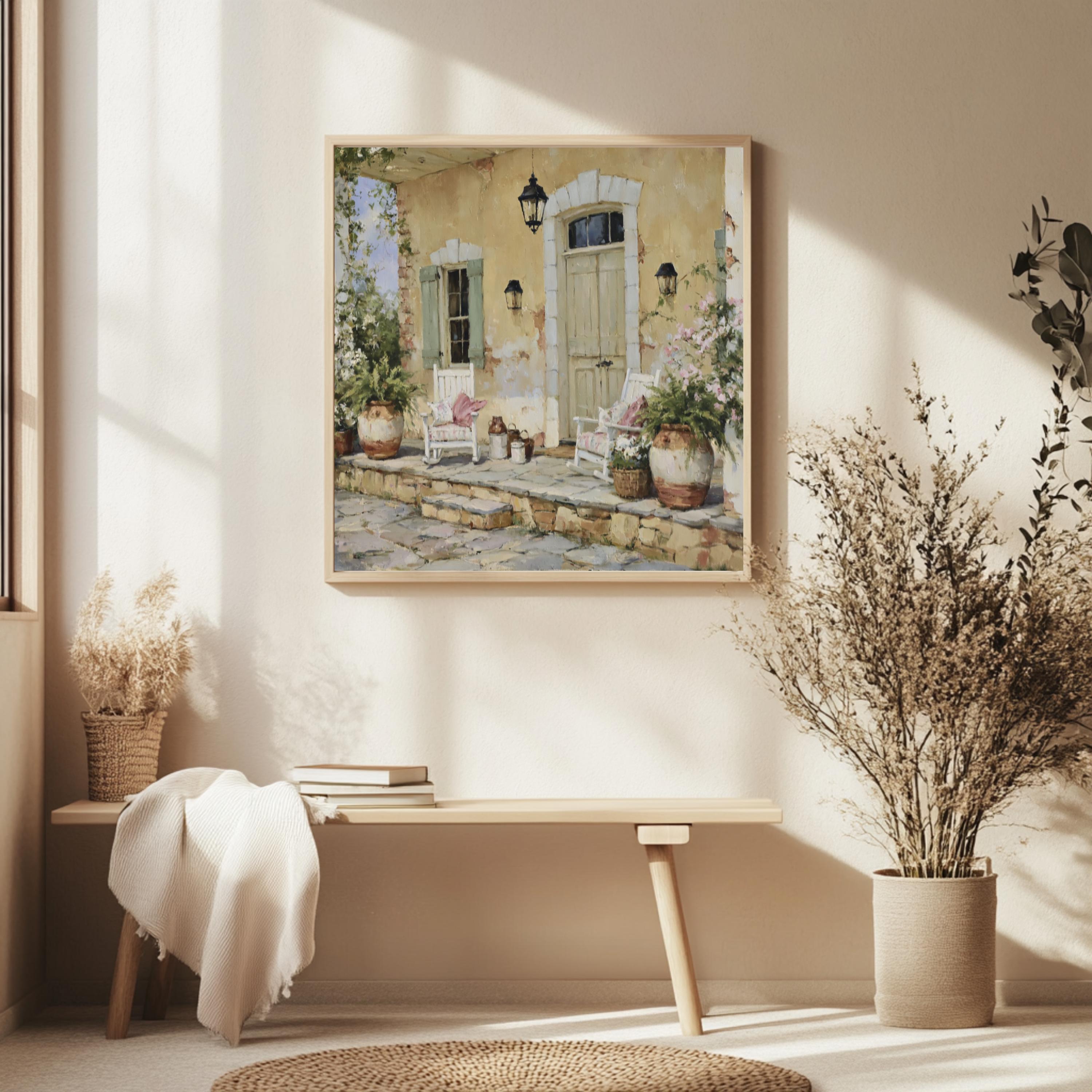 French Country Porch Wall Art, Rustic Cottage Print, Farmhouse Patio Decor, Vintage Home Exterior Canvas, Cozy Cottage Artwork