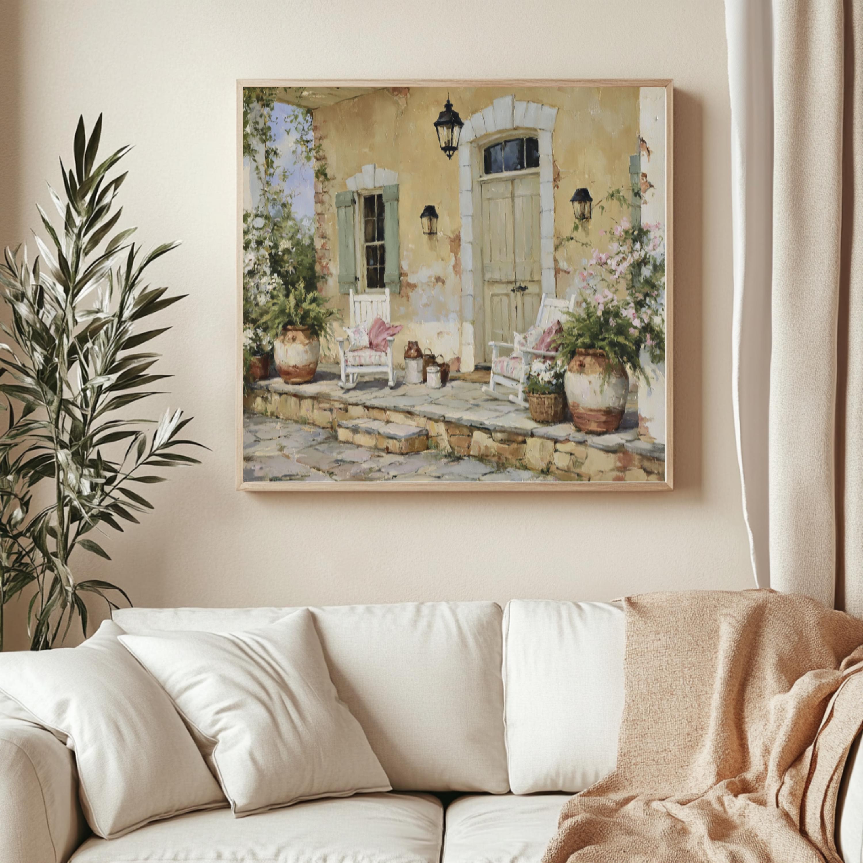 French Country Porch Wall Art, Rustic Cottage Print, Farmhouse Patio Decor, Vintage Home Exterior Canvas, Cozy Cottage Artwork
