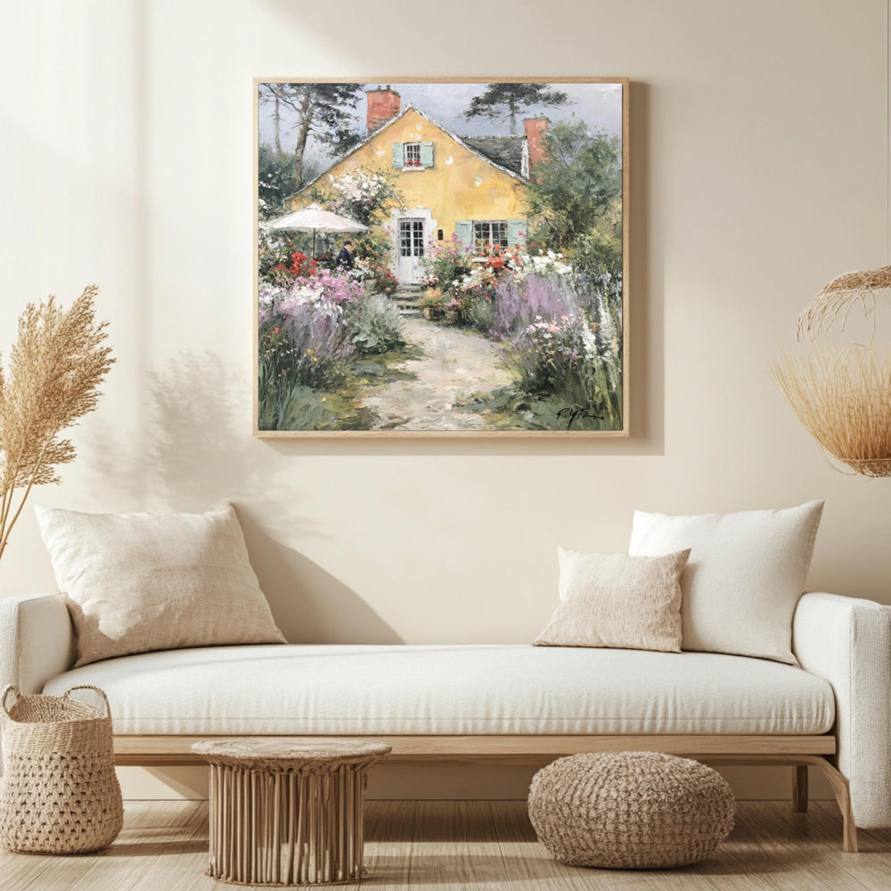 Yellow Cottage Garden Wall Art, Cottagecore Landscape Artwork Print, English Cottage Decor, Floral Countryside Canvas, Rustic Home Accent