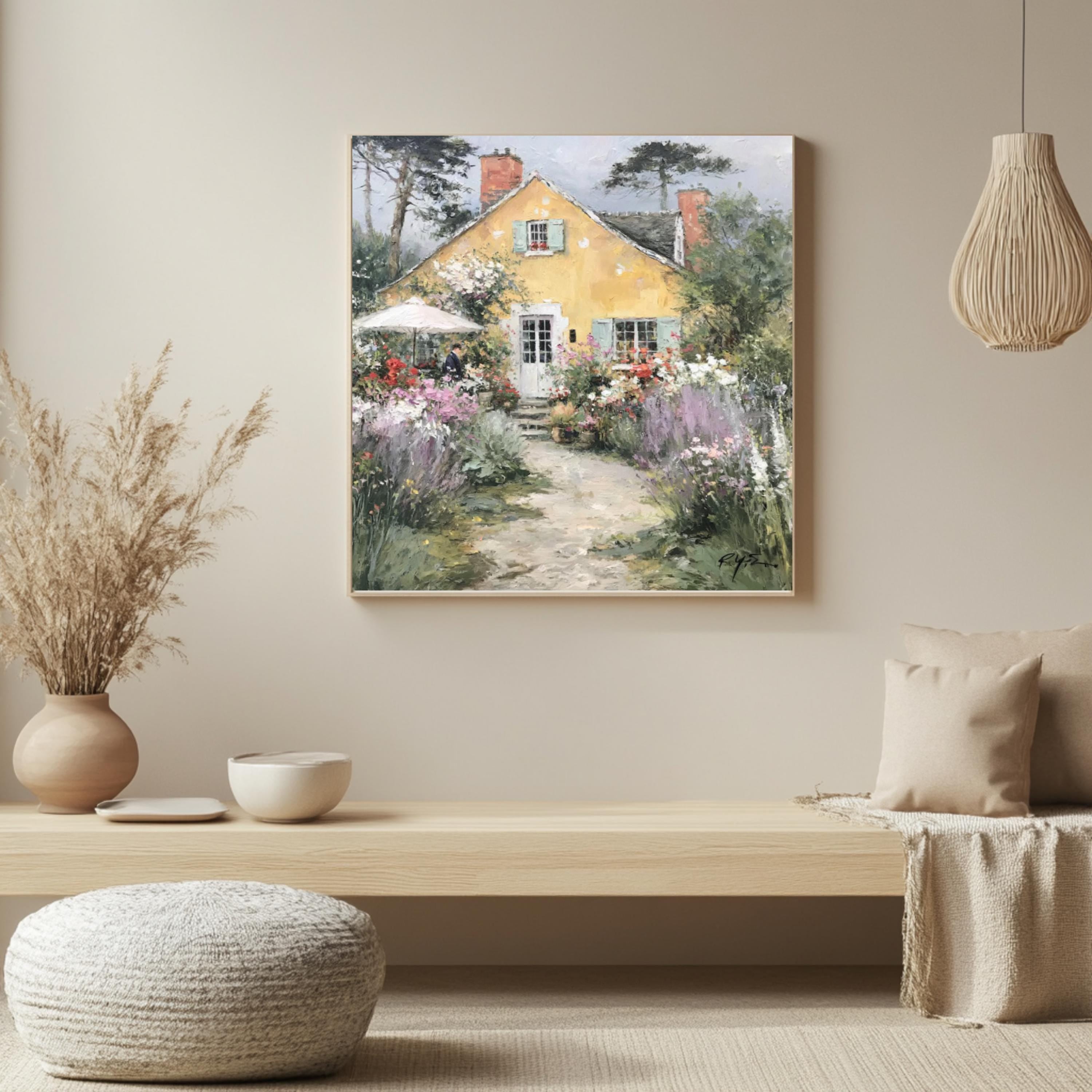 Yellow Cottage Garden Wall Art, Cottagecore Landscape Artwork Print, English Cottage Decor, Floral Countryside Canvas, Rustic Home Accent