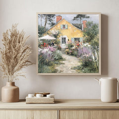 Yellow Cottage Garden Wall Art, Cottagecore Landscape Artwork Print, English Cottage Decor, Floral Countryside Canvas, Rustic Home Accent