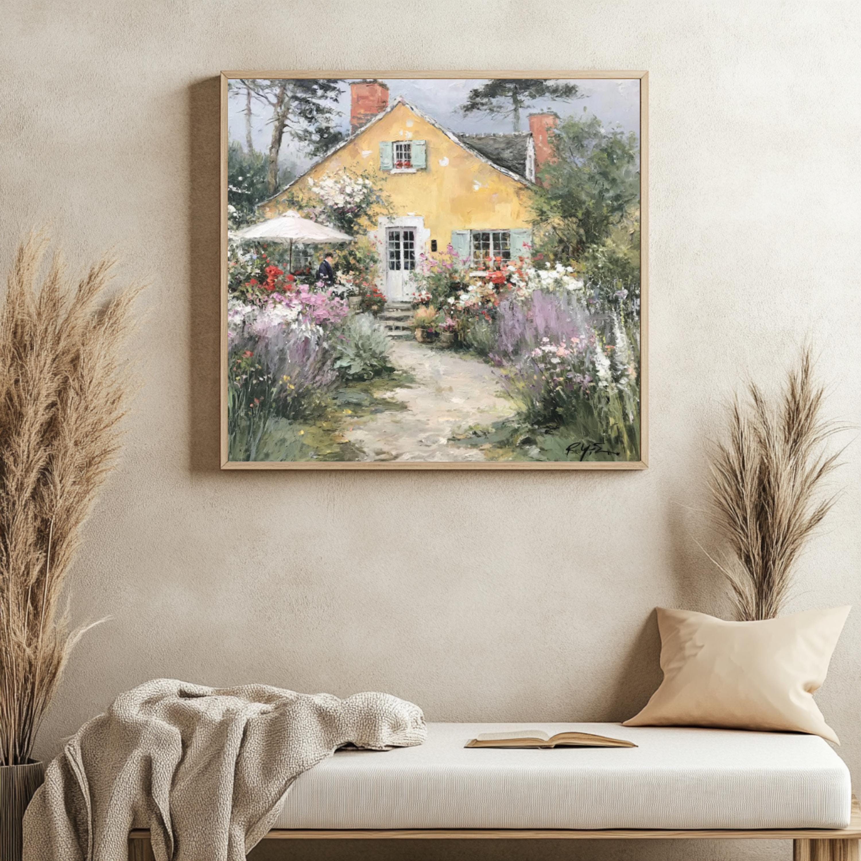 Yellow Cottage Garden Wall Art, Cottagecore Landscape Artwork Print, English Cottage Decor, Floral Countryside Canvas, Rustic Home Accent