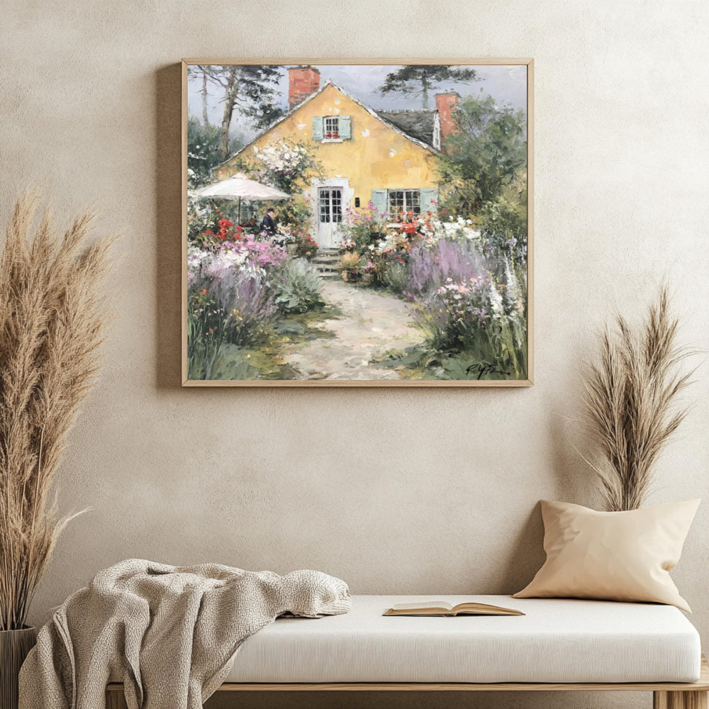 Yellow Cottage Garden Wall Art, Cottagecore Landscape Artwork Print, English Cottage Decor, Floral Countryside Canvas, Rustic Home Accent