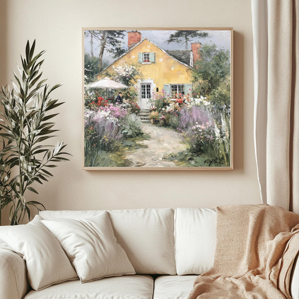 Yellow Cottage Garden Wall Art, Cottagecore Landscape Artwork Print, English Cottage Decor, Floral Countryside Canvas, Rustic Home Accent