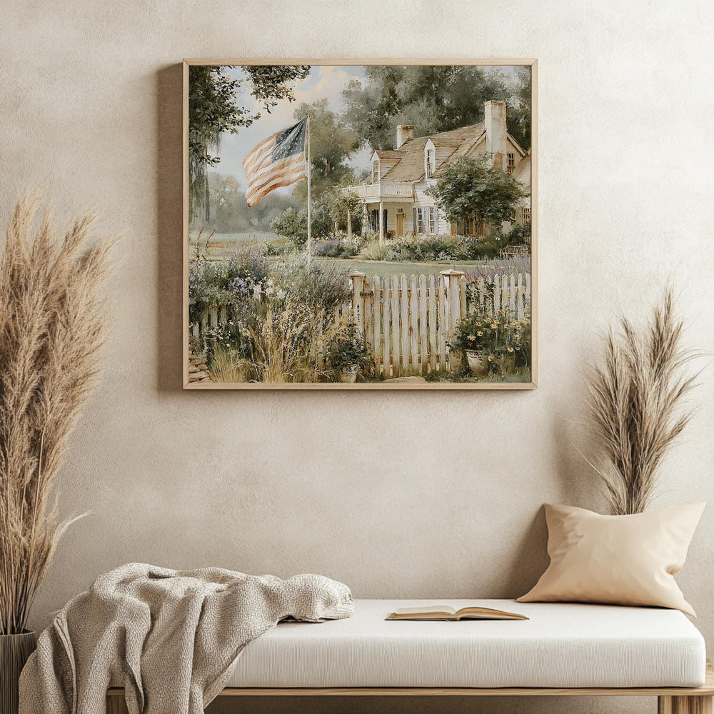 American Farmhouse Wall Art, Rustic Country Home Print, Patriotic Farm Decor, Vintage Landscape Canvas, Cottagecore Country Artwork