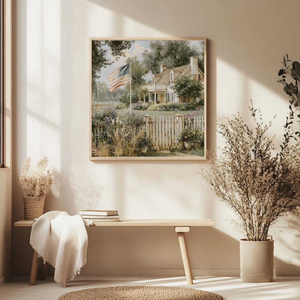 American Farmhouse Wall Art, Rustic Country Home Print, Patriotic Farm Decor, Vintage Landscape Canvas, Cottagecore Country Artwork