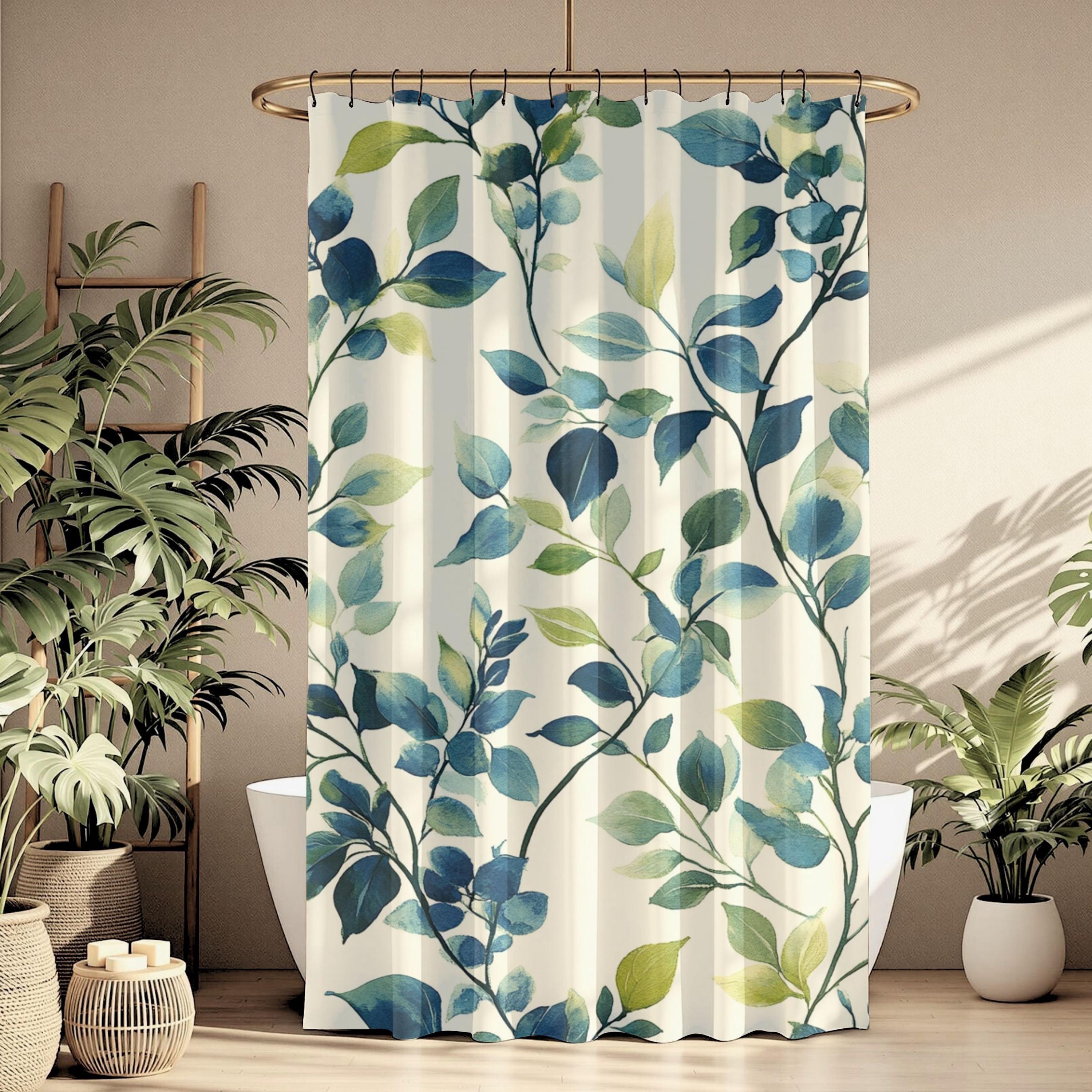 Blue Green Leaf Shower Curtain, Botanical Bathroom Decor, Coastal Nature Bath Curtain, Modern Plant Bathroom