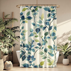 Blue Green Leaf Shower Curtain, Botanical Bathroom Decor, Coastal Nature Bath Curtain, Modern Plant Bathroom