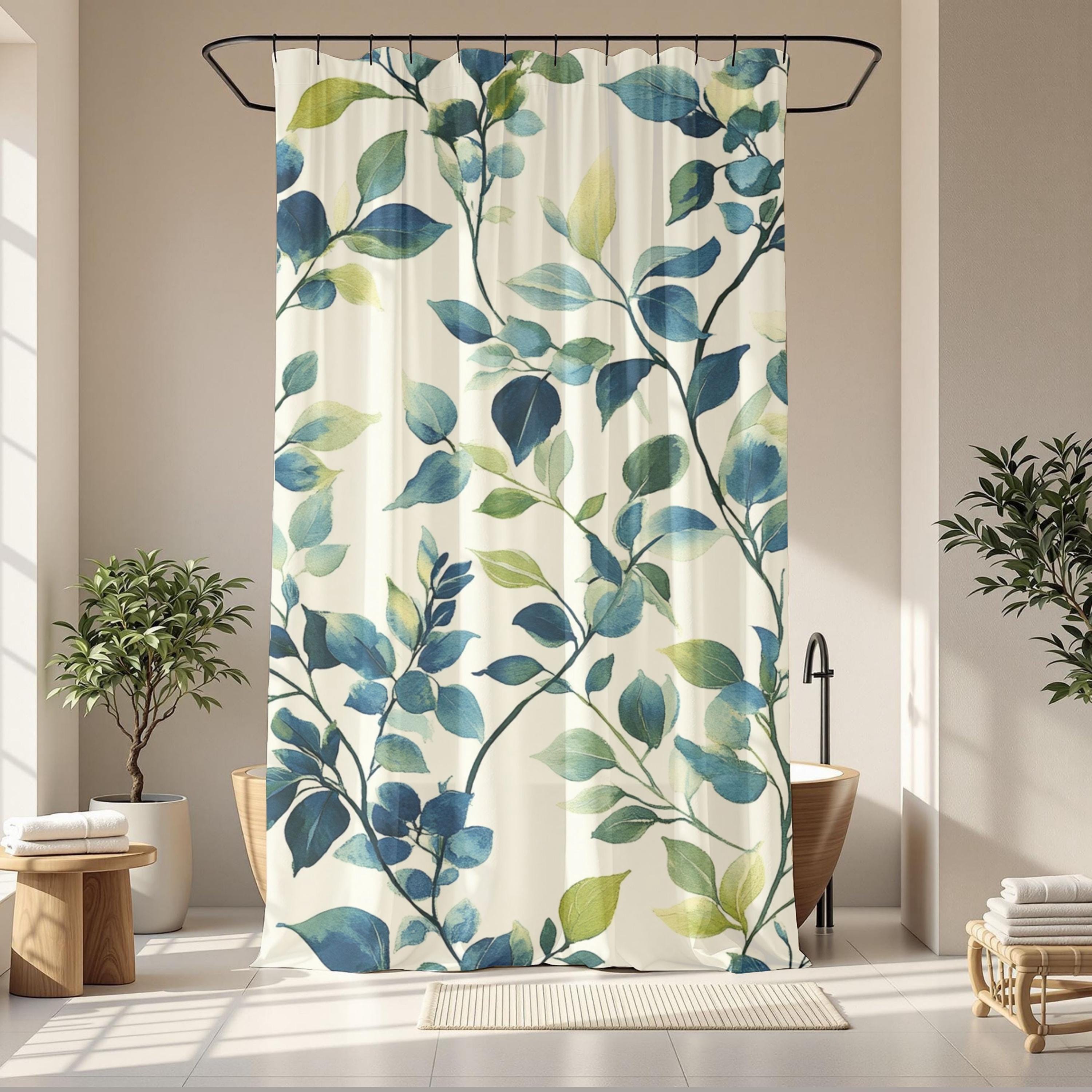 Blue Green Leaf Shower Curtain, Botanical Bathroom Decor, Coastal Nature Bath Curtain, Modern Plant Bathroom